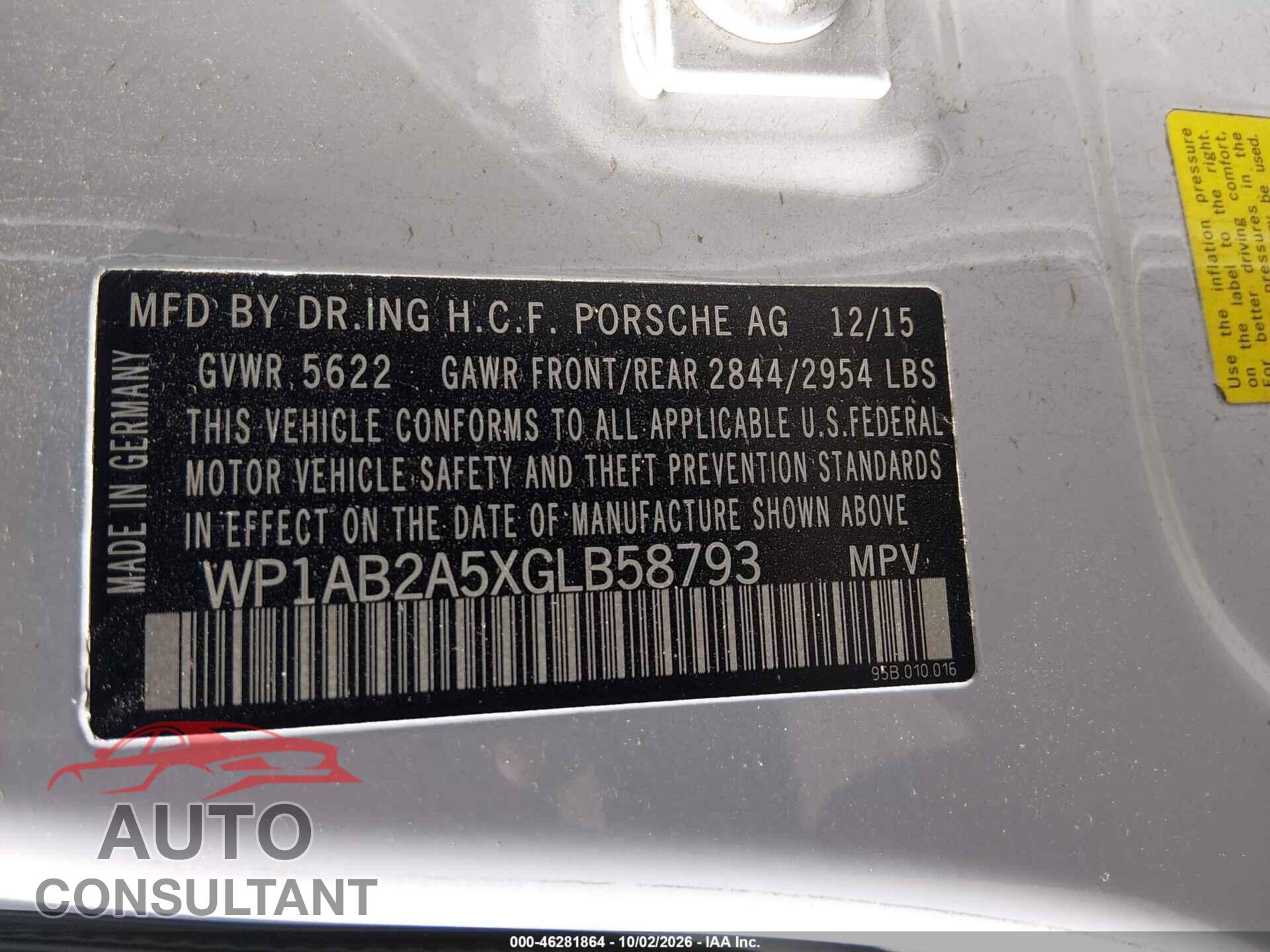 PORSCHE MACAN 2016 - WP1AB2A5XGLB58793