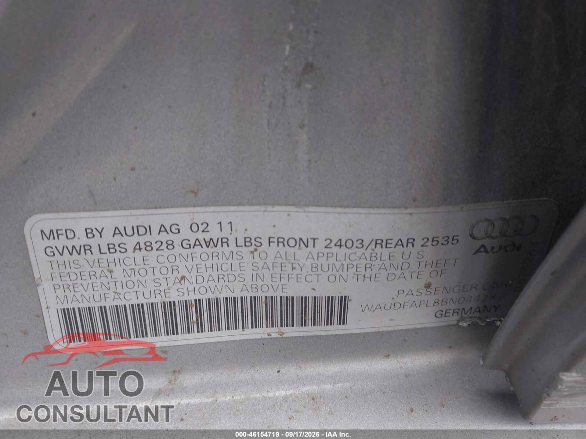 AUDI A4 2011 - WAUDFAFL8BN044287