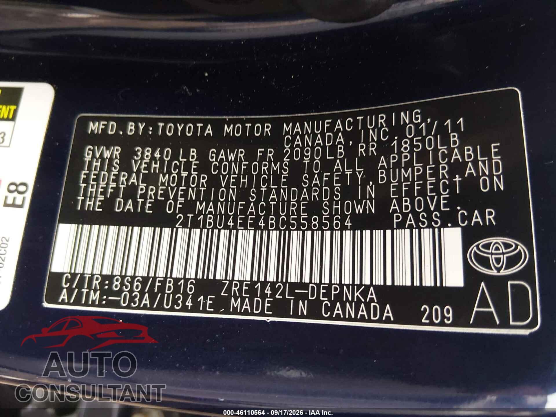 TOYOTA COROLLA 2011 - 2T1BU4EE4BC558564