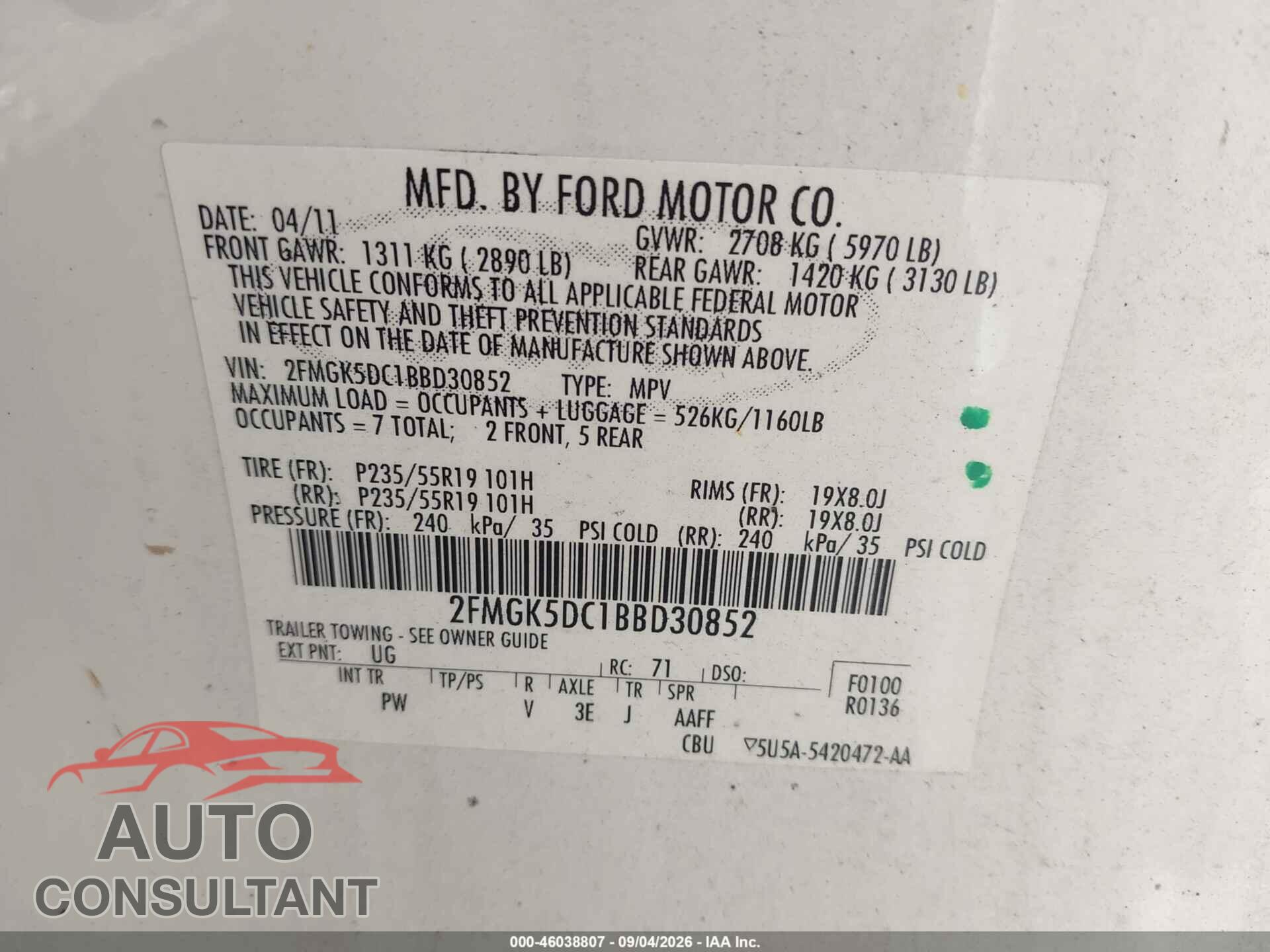 FORD FLEX 2011 - 2FMGK5DC1BBD30852
