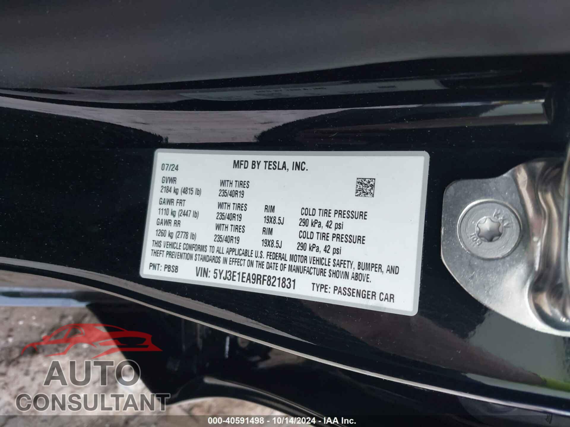 TESLA MODEL 3 2024 - 5YJ3E1EA9RF821831