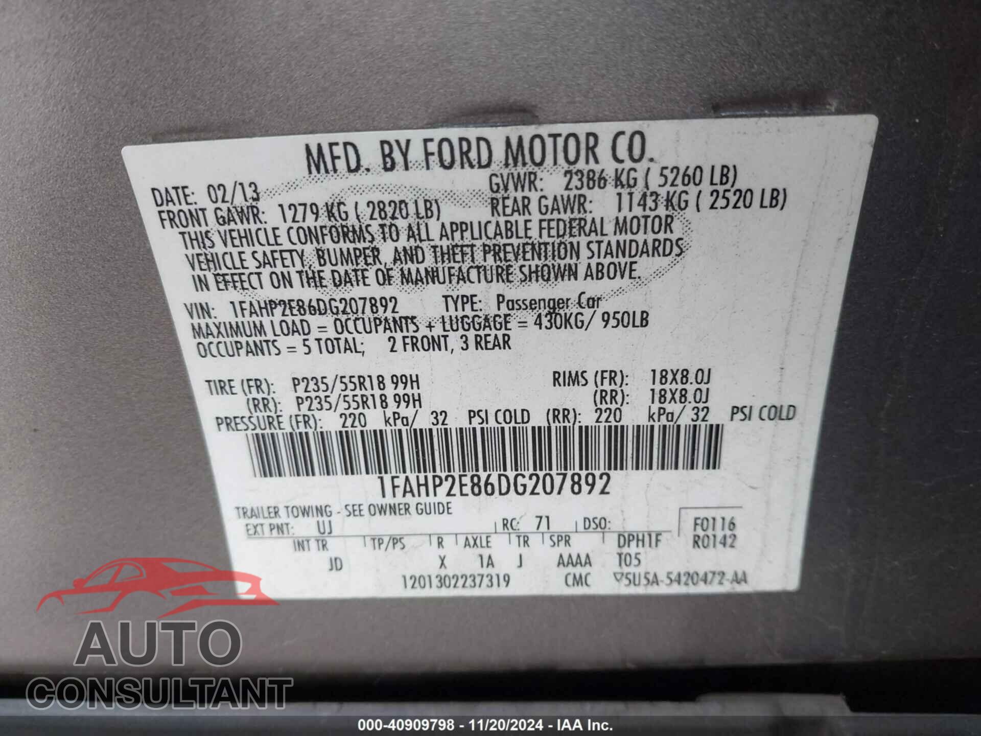 FORD TAURUS 2013 - 1FAHP2E86DG207892