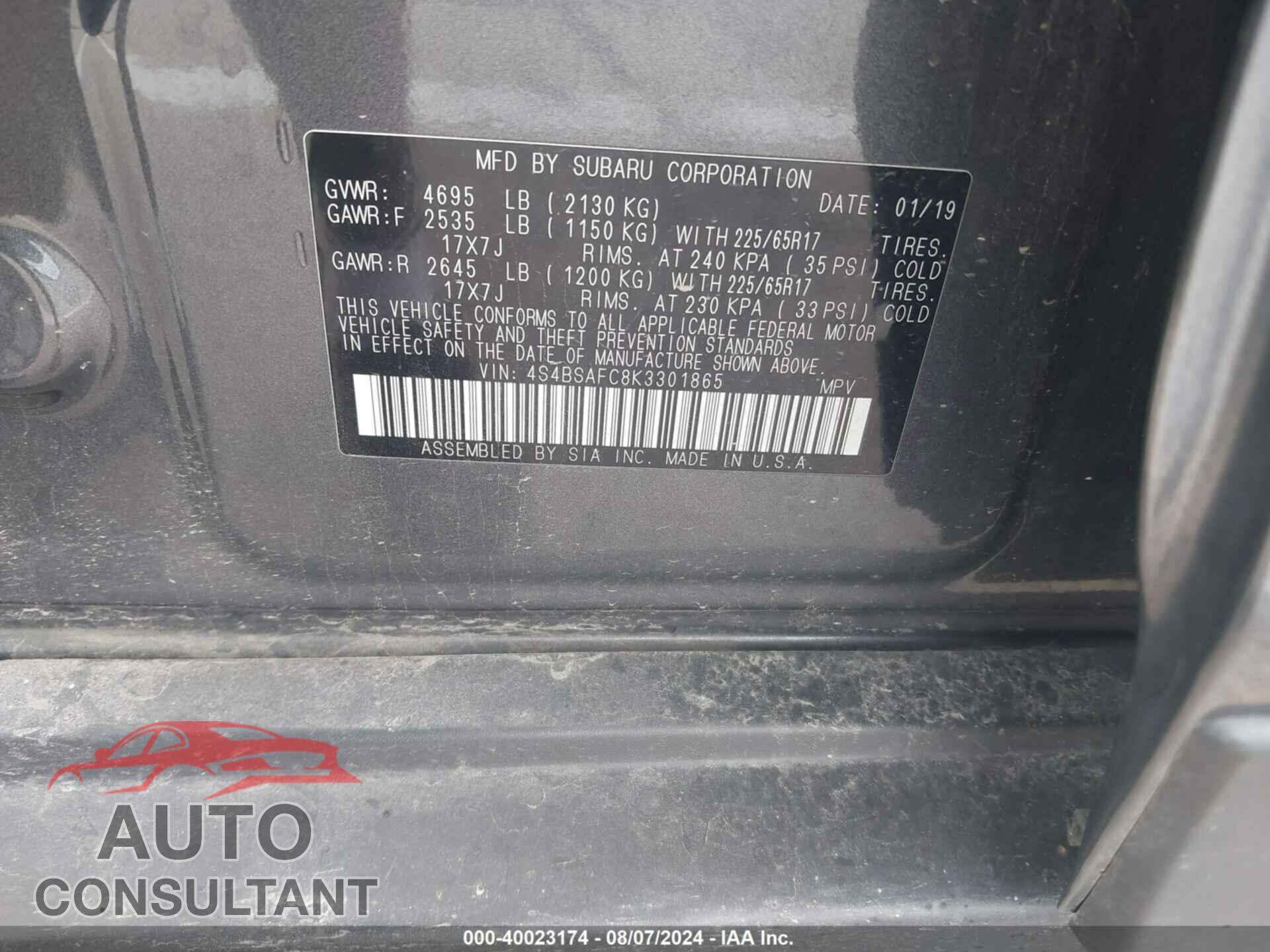SUBARU OUTBACK 2019 - 4S4BSAFC8K3301865