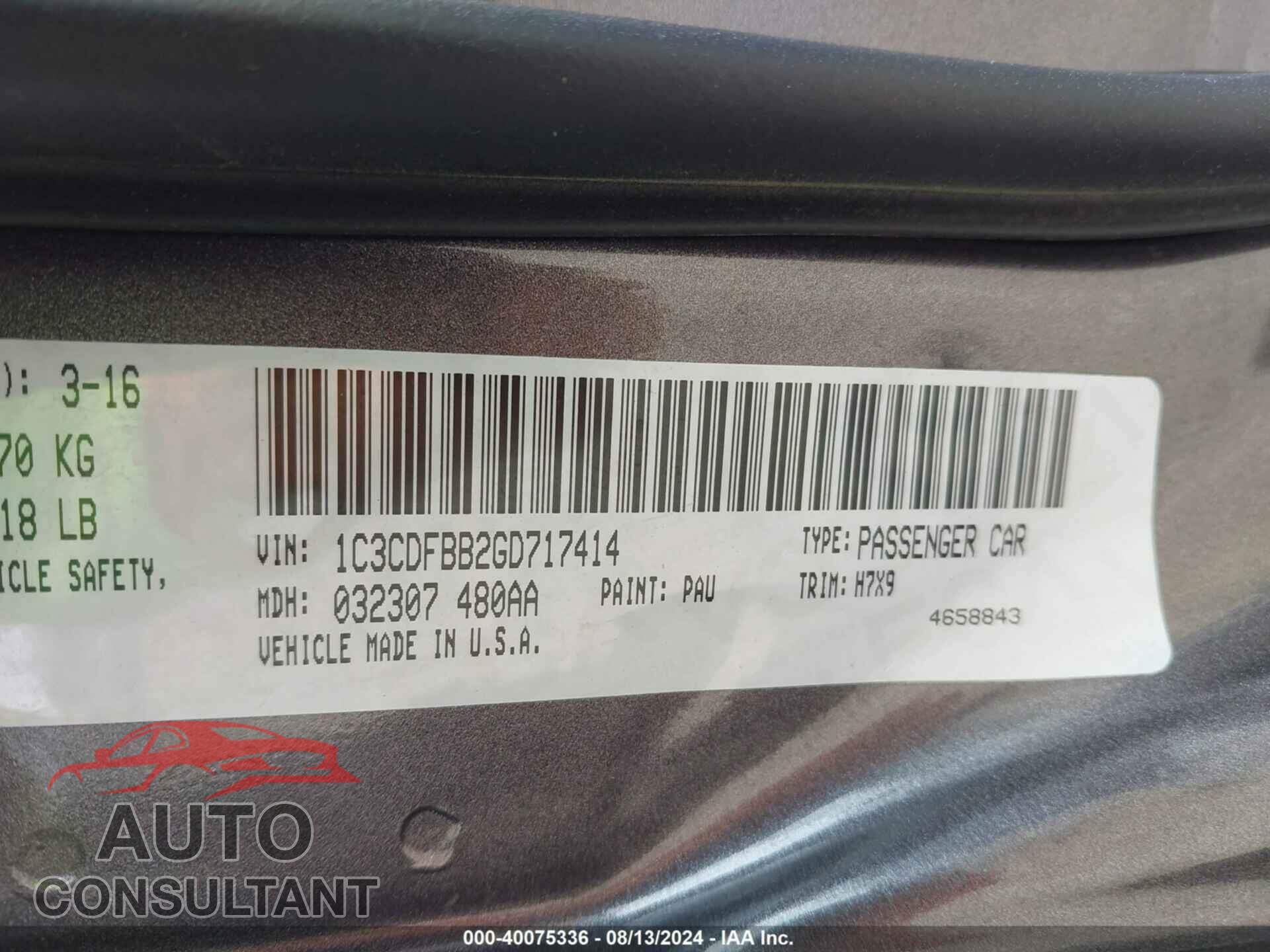 DODGE DART 2016 - 1C3CDFBB2GD717414