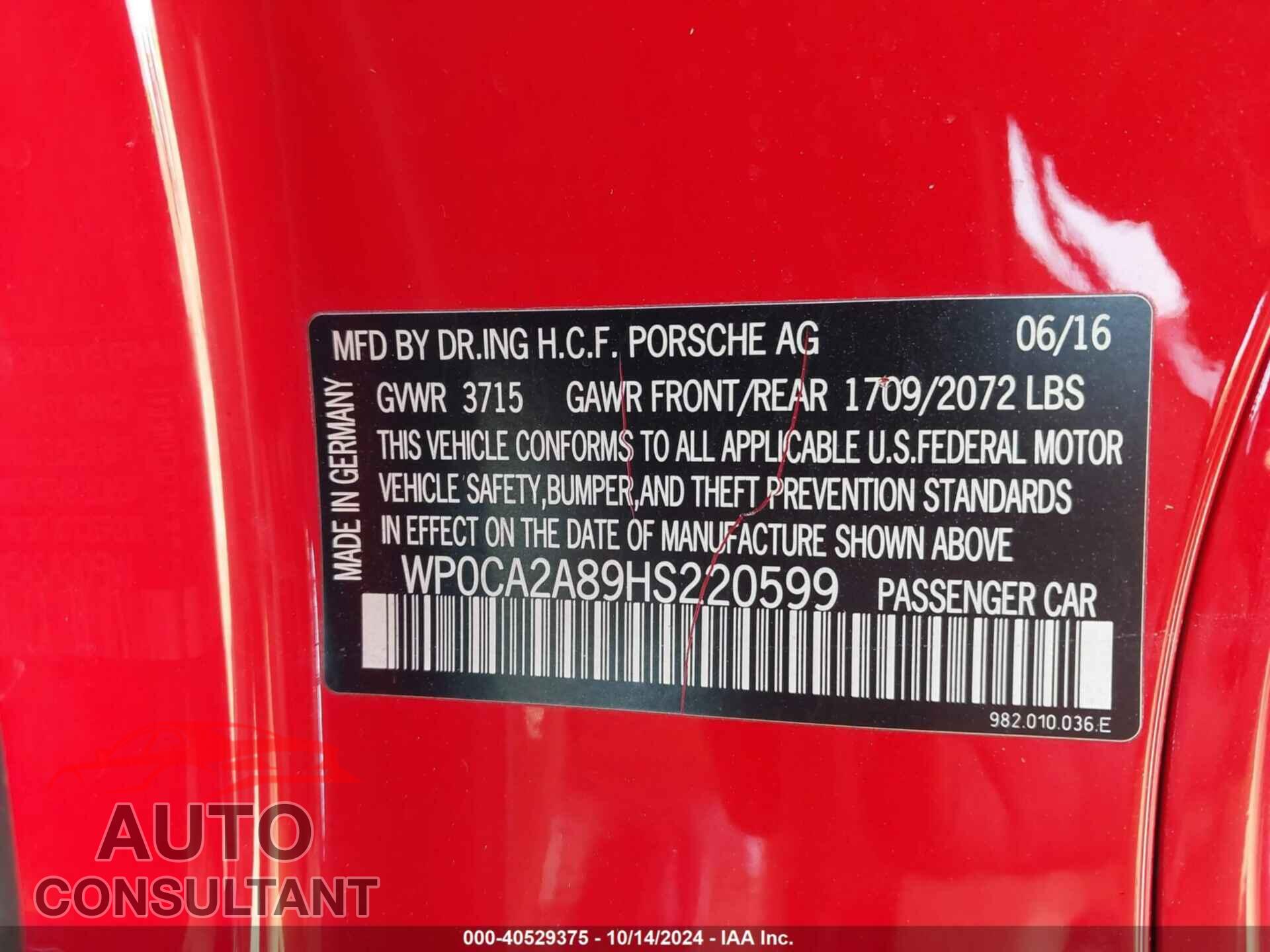 PORSCHE BOXSTER 2017 - WP0CA2A89HS220599