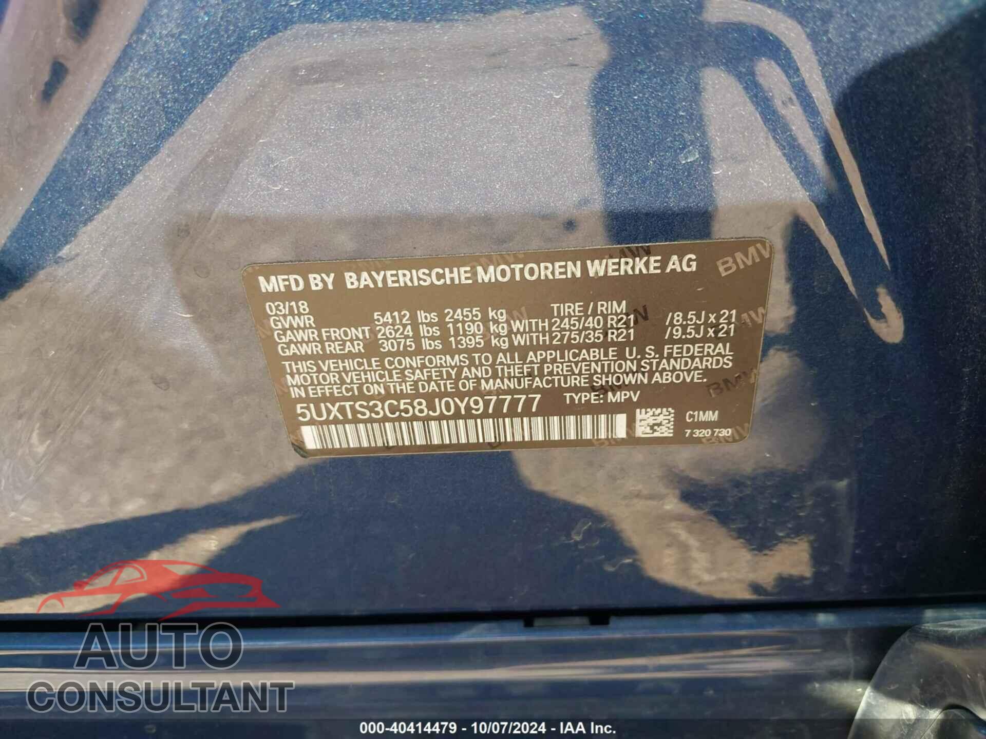 BMW X3 2018 - 5UXTS3C58J0Y97777
