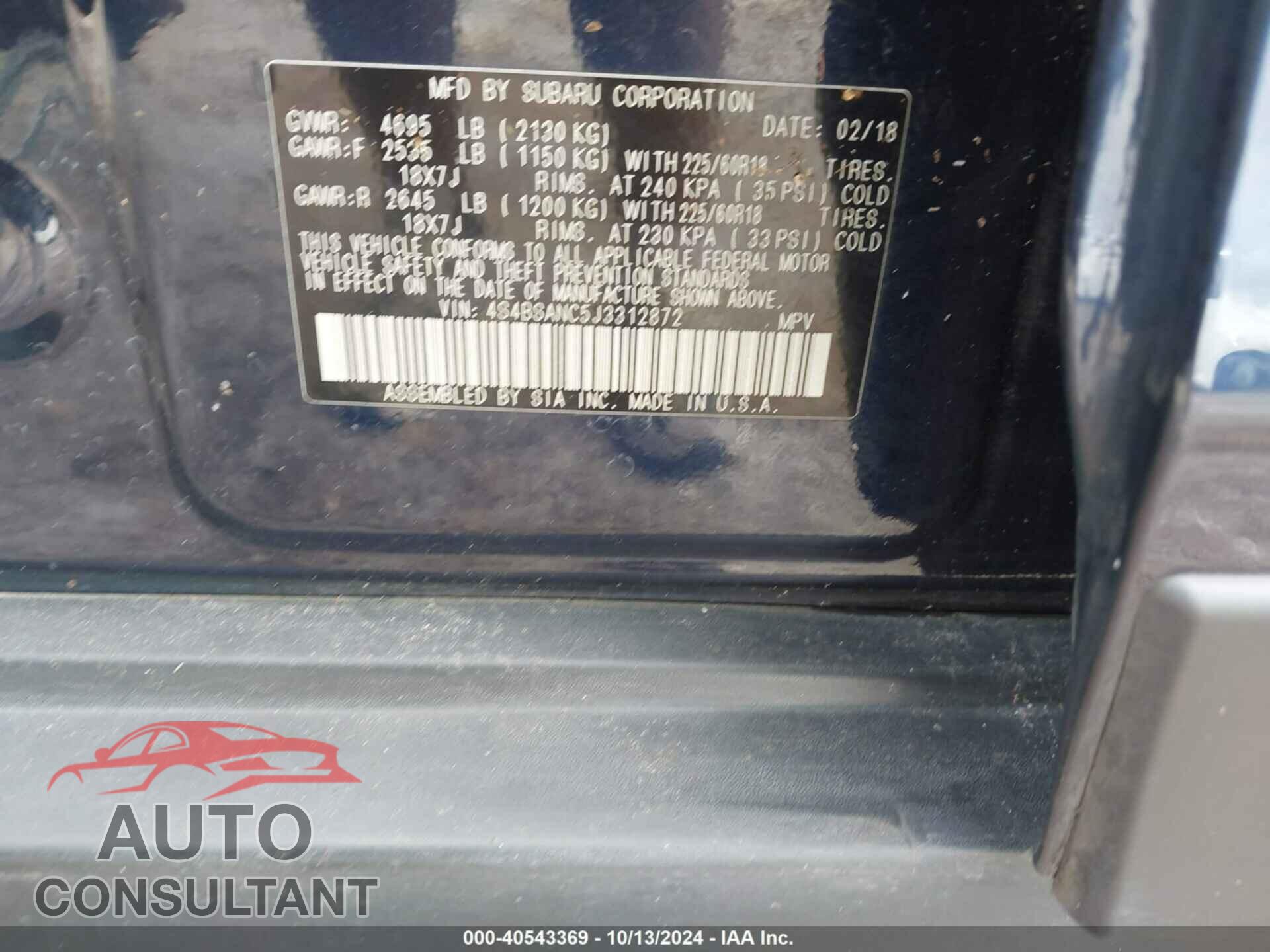 SUBARU OUTBACK 2018 - 4S4BSANC5J3312872