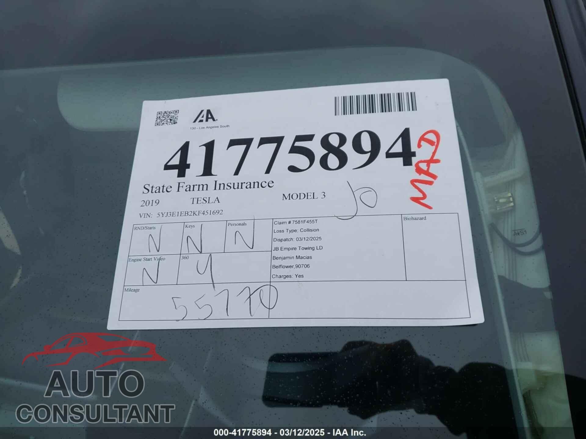TESLA MODEL 3 2019 - 5YJ3E1EB2KF451692