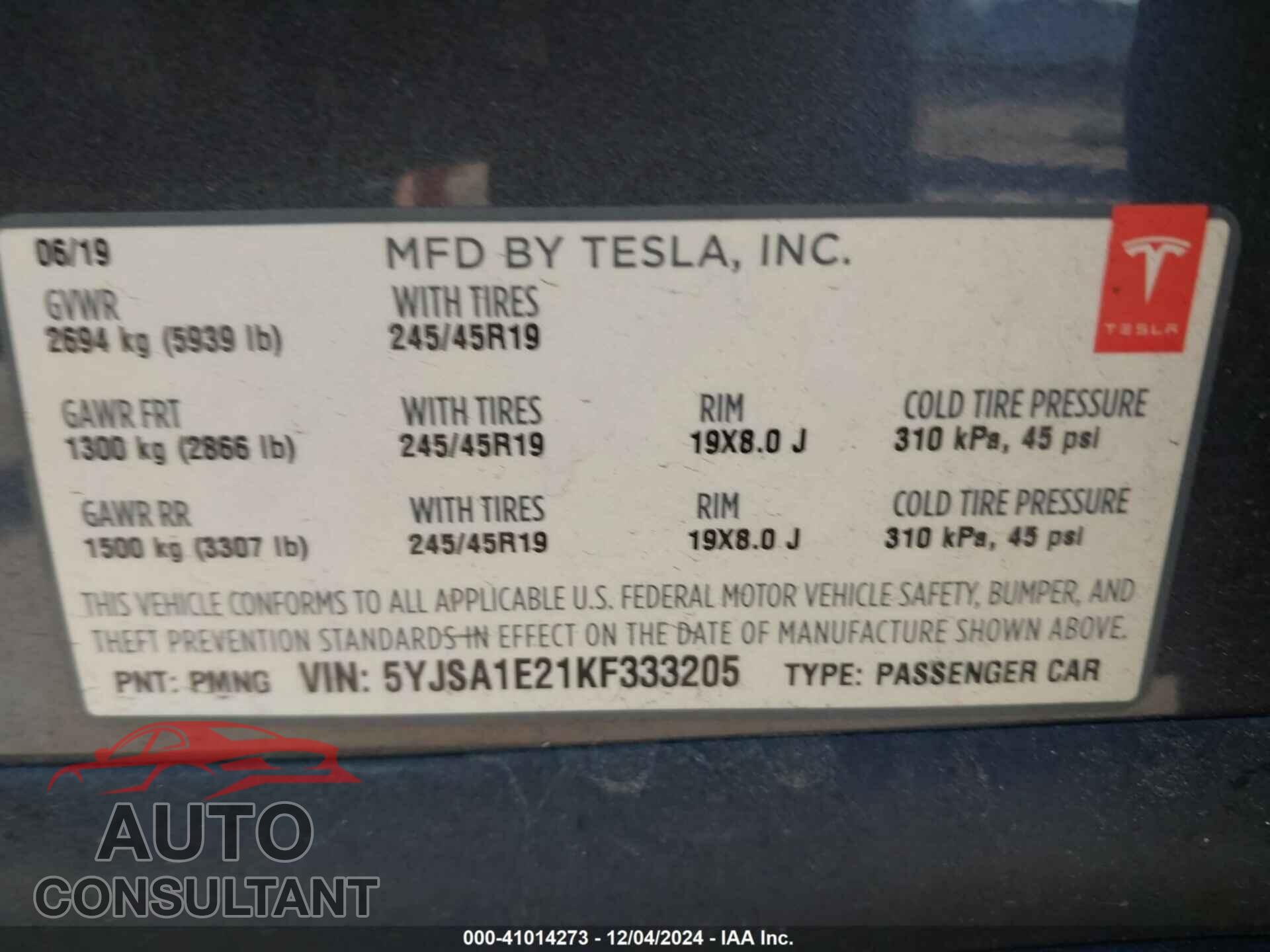 TESLA MODEL S 2019 - 5YJSA1E21KF333205