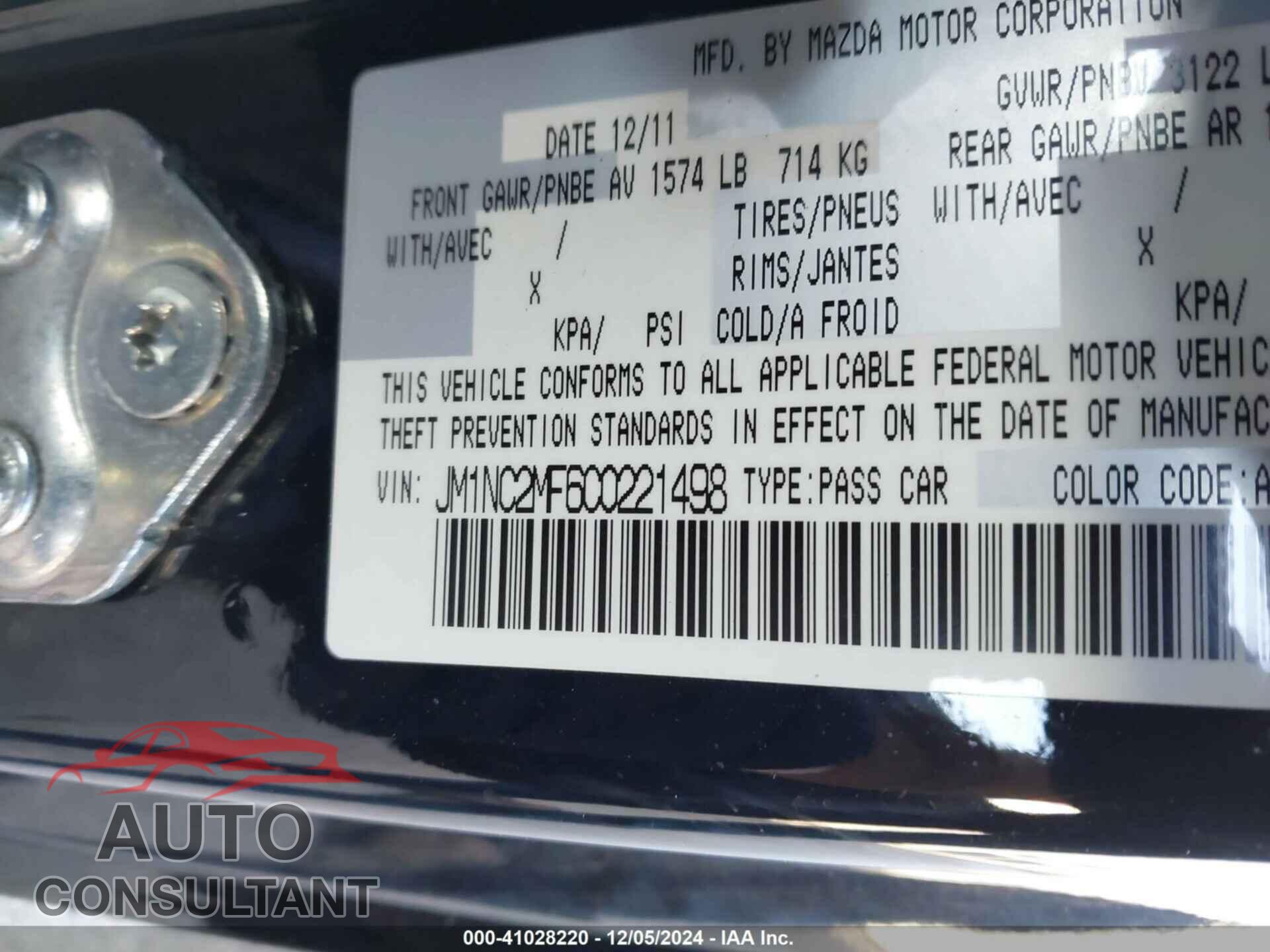 MAZDA MX-5 MIATA 2012 - JM1NC2MF6C0221498