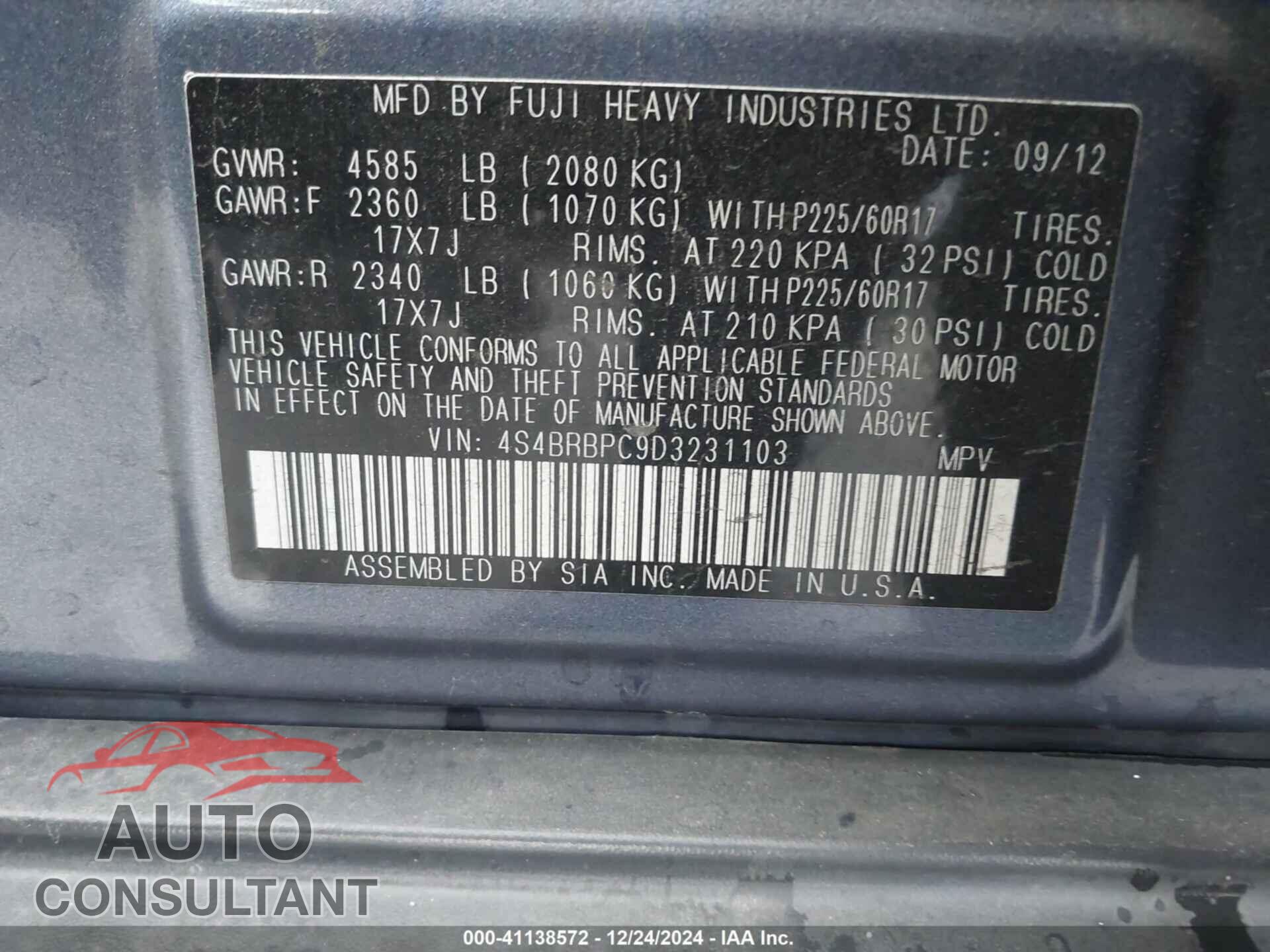 SUBARU OUTBACK 2013 - 4S4BRBPC9D3231103