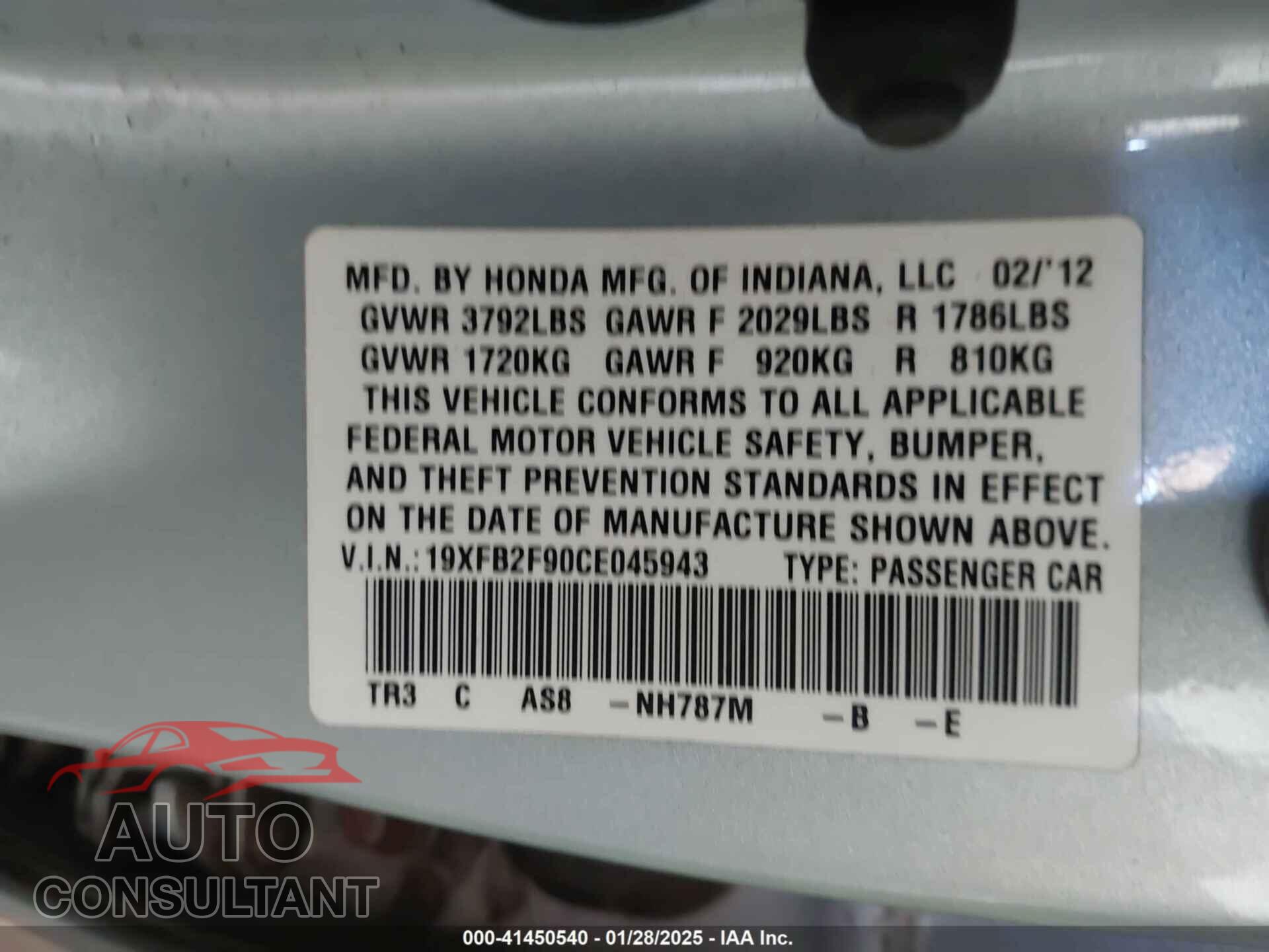 HONDA CIVIC 2012 - 19XFB2F90CE045943