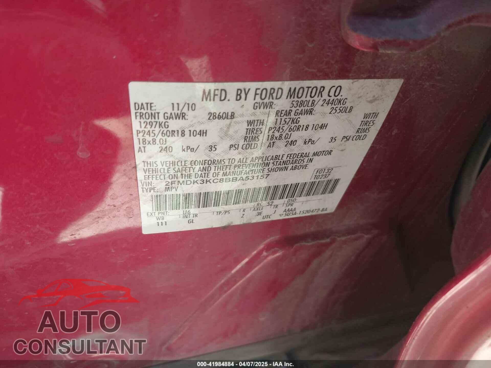FORD EDGE 2011 - 2FMDK3KC8BBA53157