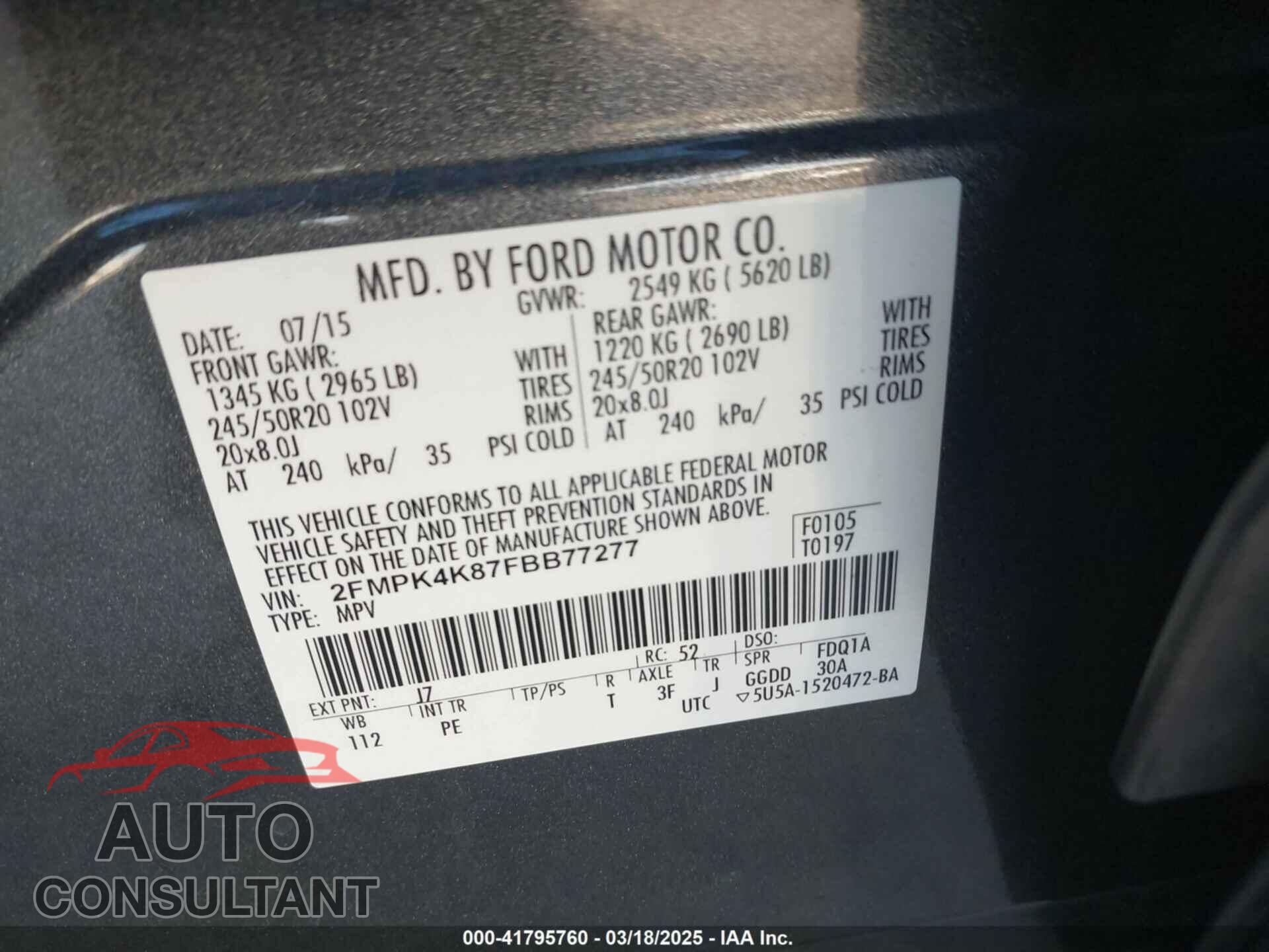 FORD EDGE 2015 - 2FMPK4K87FBB77277