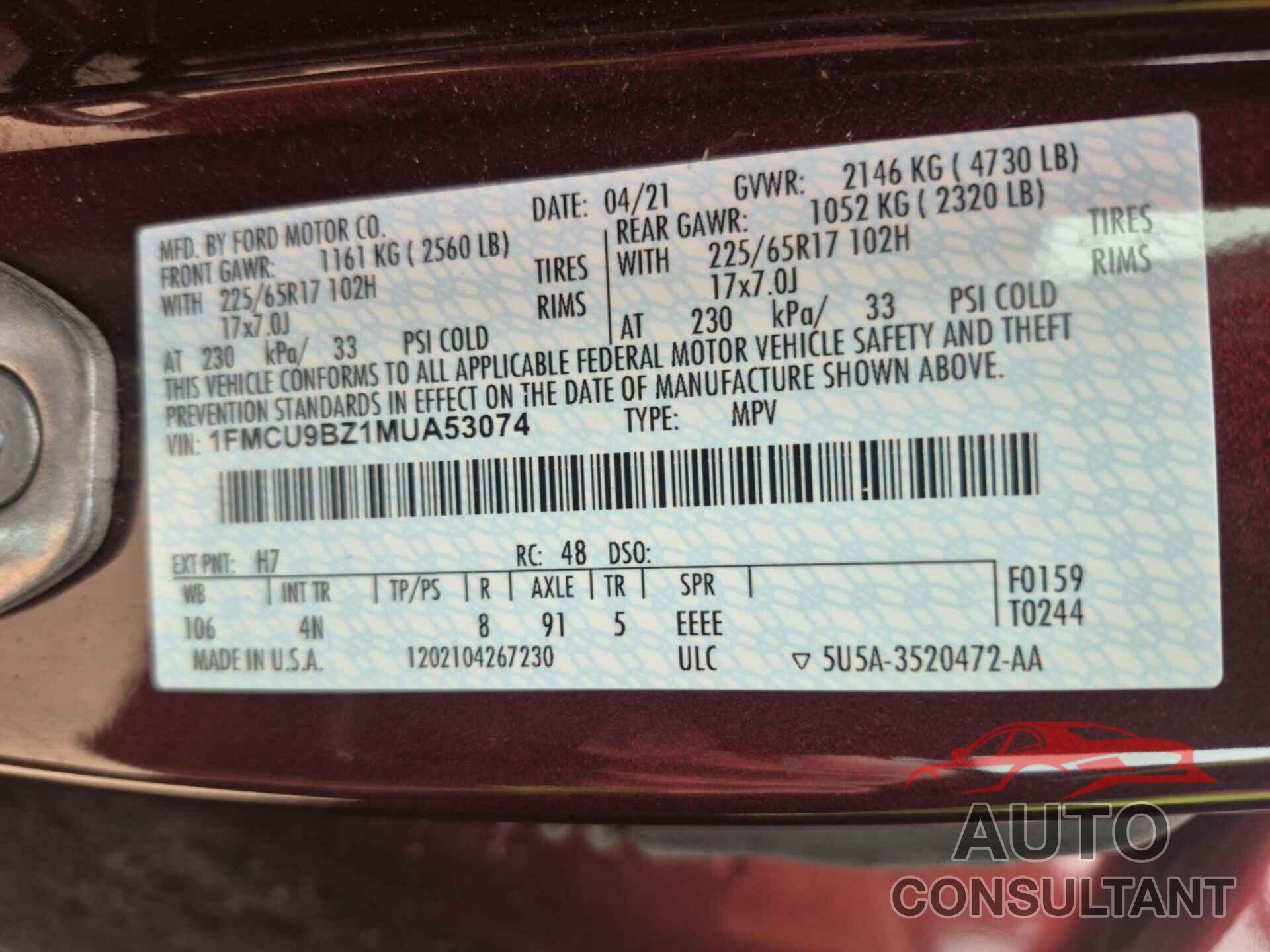 FORD ESCAPE 2021 - 1FMCU9BZ1MUA53074