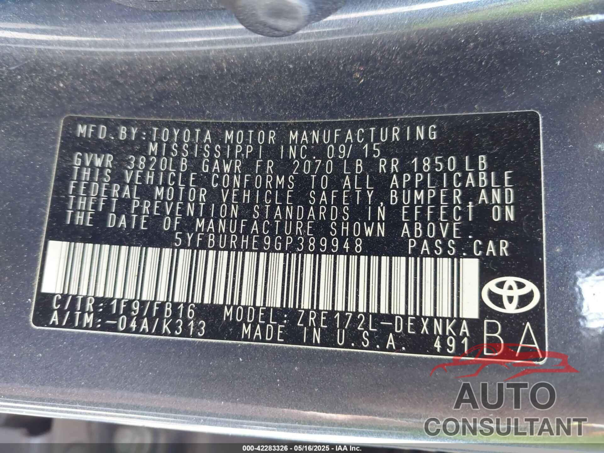 TOYOTA COROLLA 2016 - 5YFBURHE9GP389948