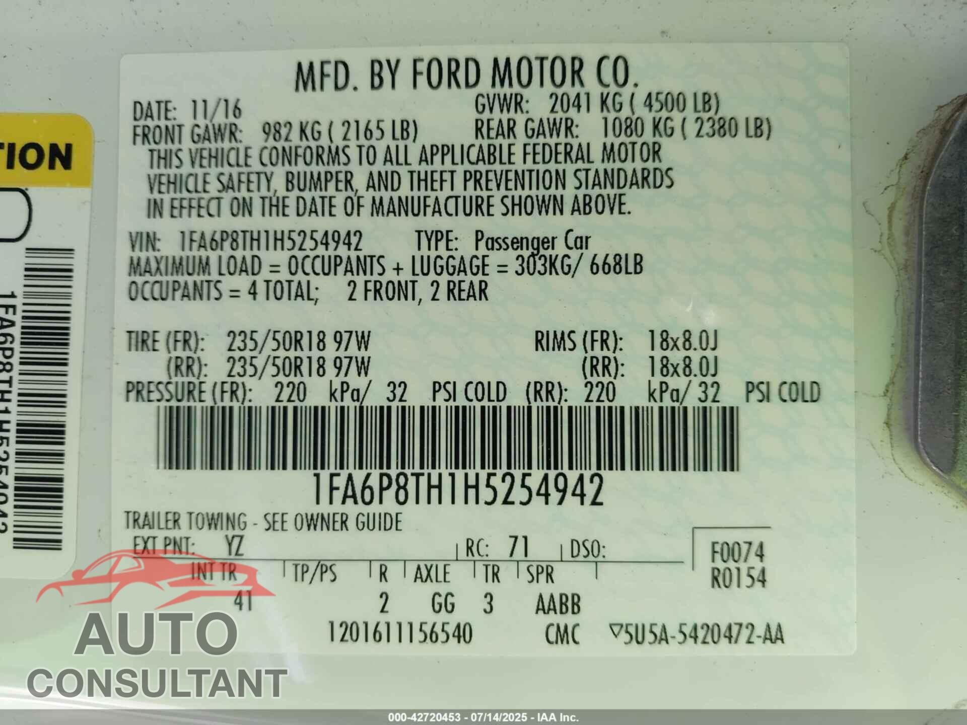 FORD MUSTANG 2017 - 1FA6P8TH1H5254942