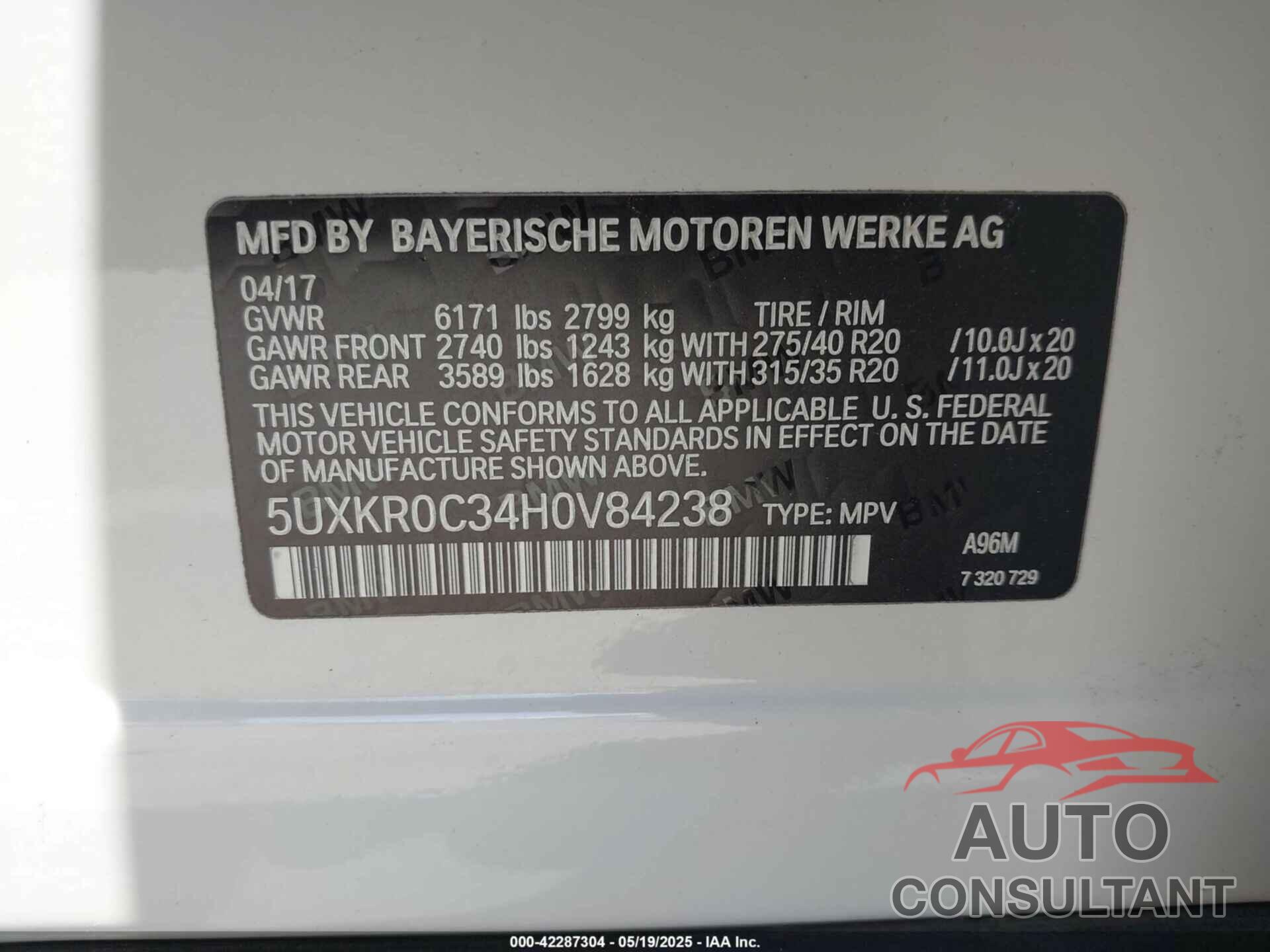 BMW X5 2017 - 5UXKR0C34H0V84238