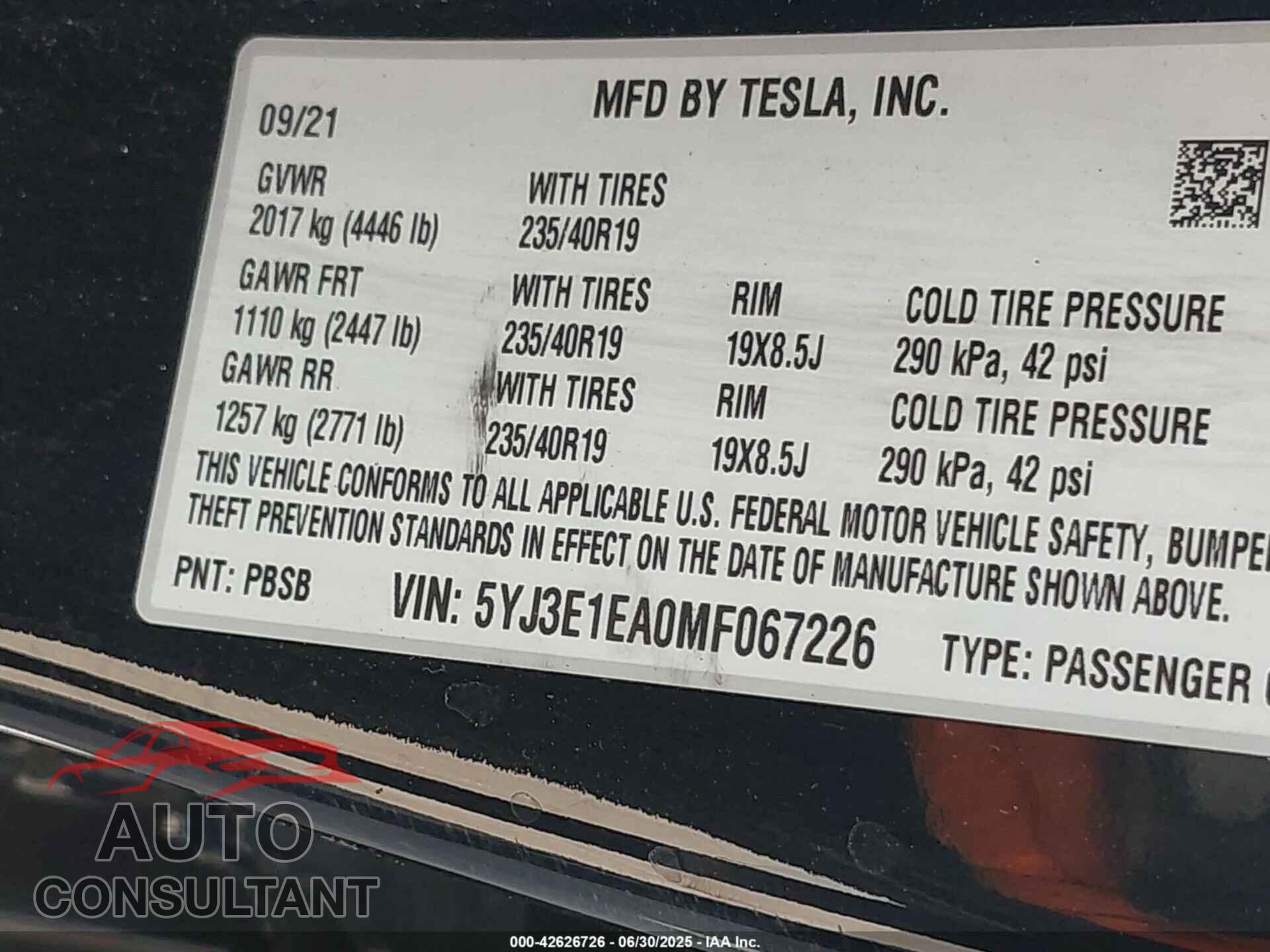 TESLA MODEL 3 2021 - 5YJ3E1EA0MF067226