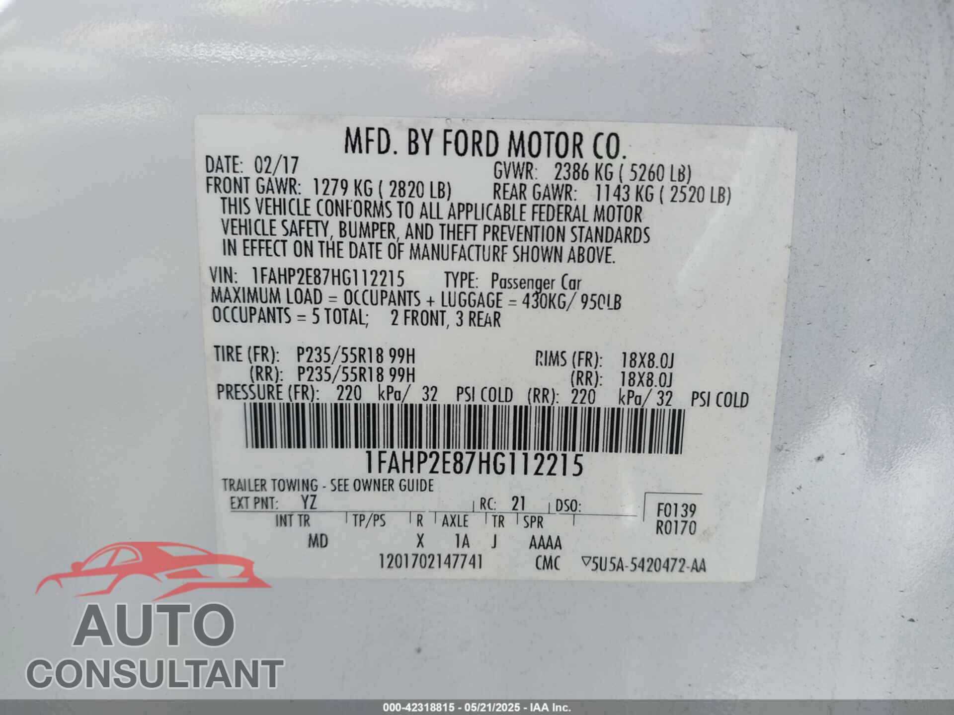 FORD TAURUS 2017 - 1FAHP2E87HG112215