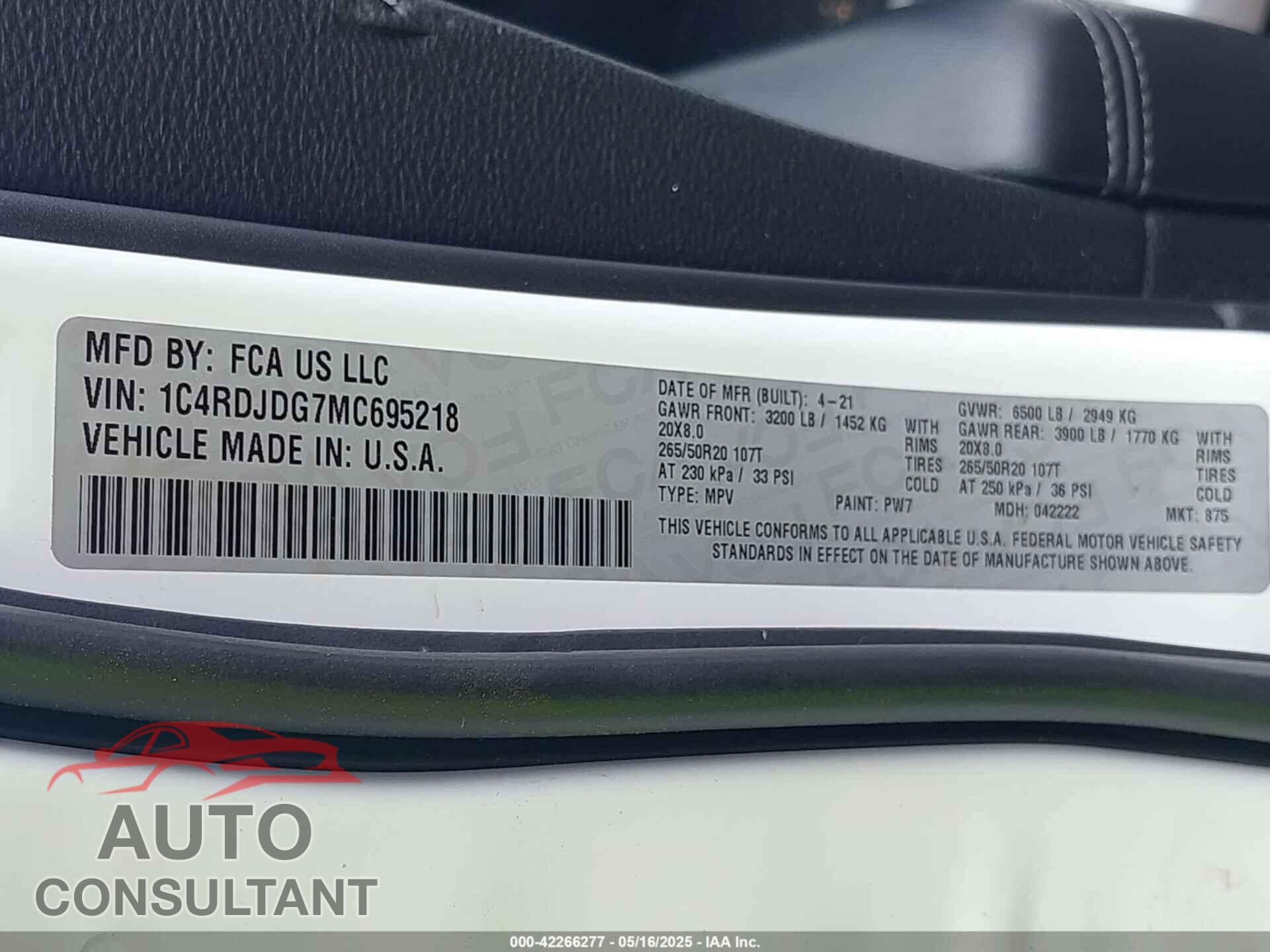 DODGE DURANGO 2021 - 1C4RDJDG7MC695218