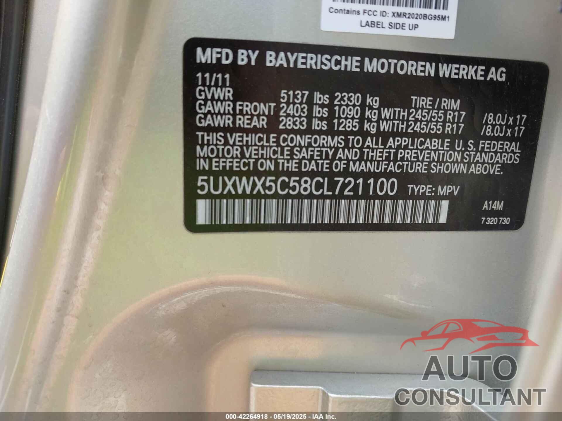 BMW X3 2012 - 5UXWX5C58CL721100