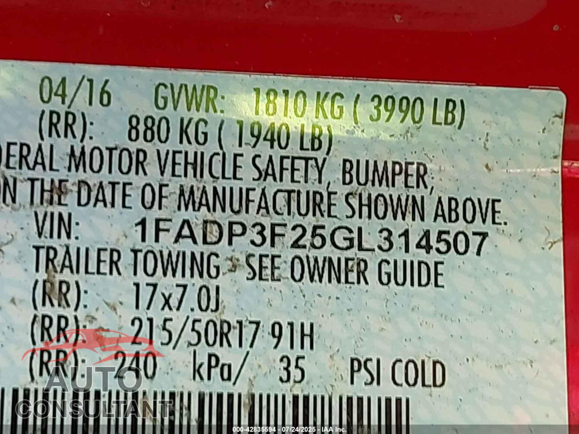 FORD FOCUS 2016 - 1FADP3F25GL314507