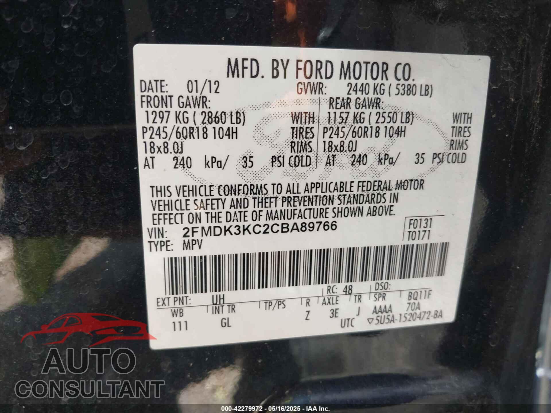 FORD EDGE 2012 - 2FMDK3KC2CBA89766