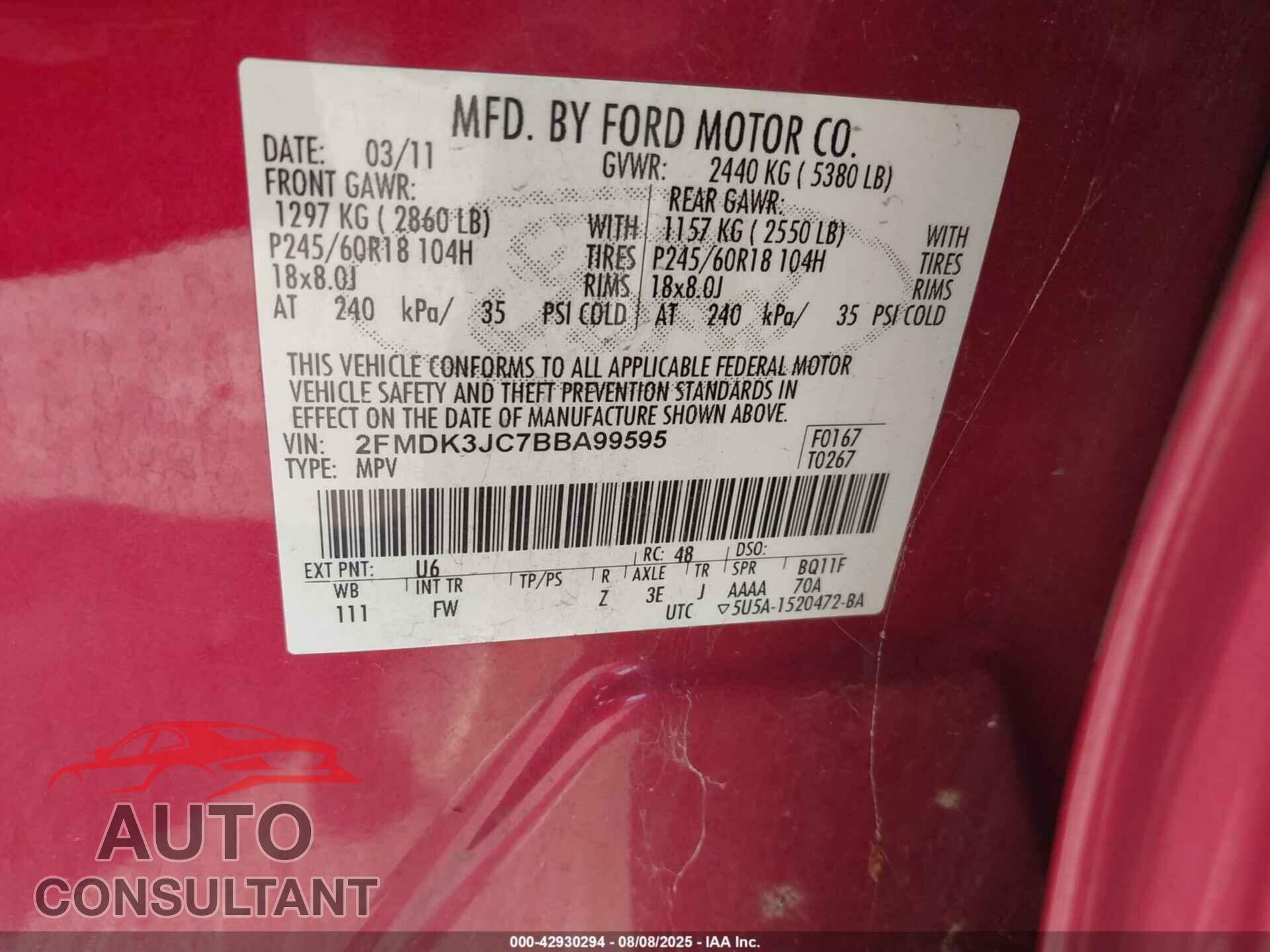 FORD EDGE 2011 - 2FMDK3JC7BBA99595