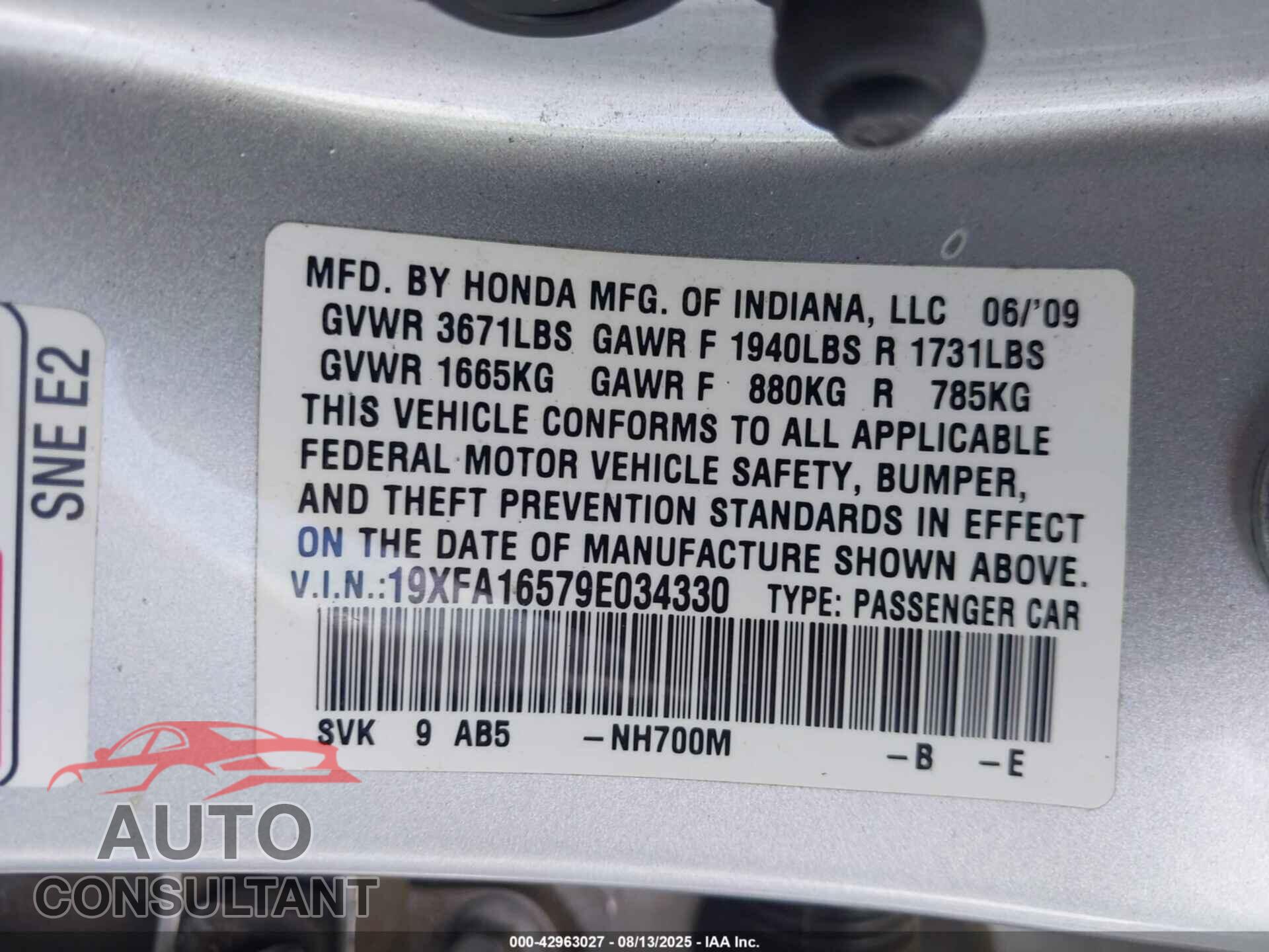 HONDA CIVIC 2009 - 19XFA16579E034330