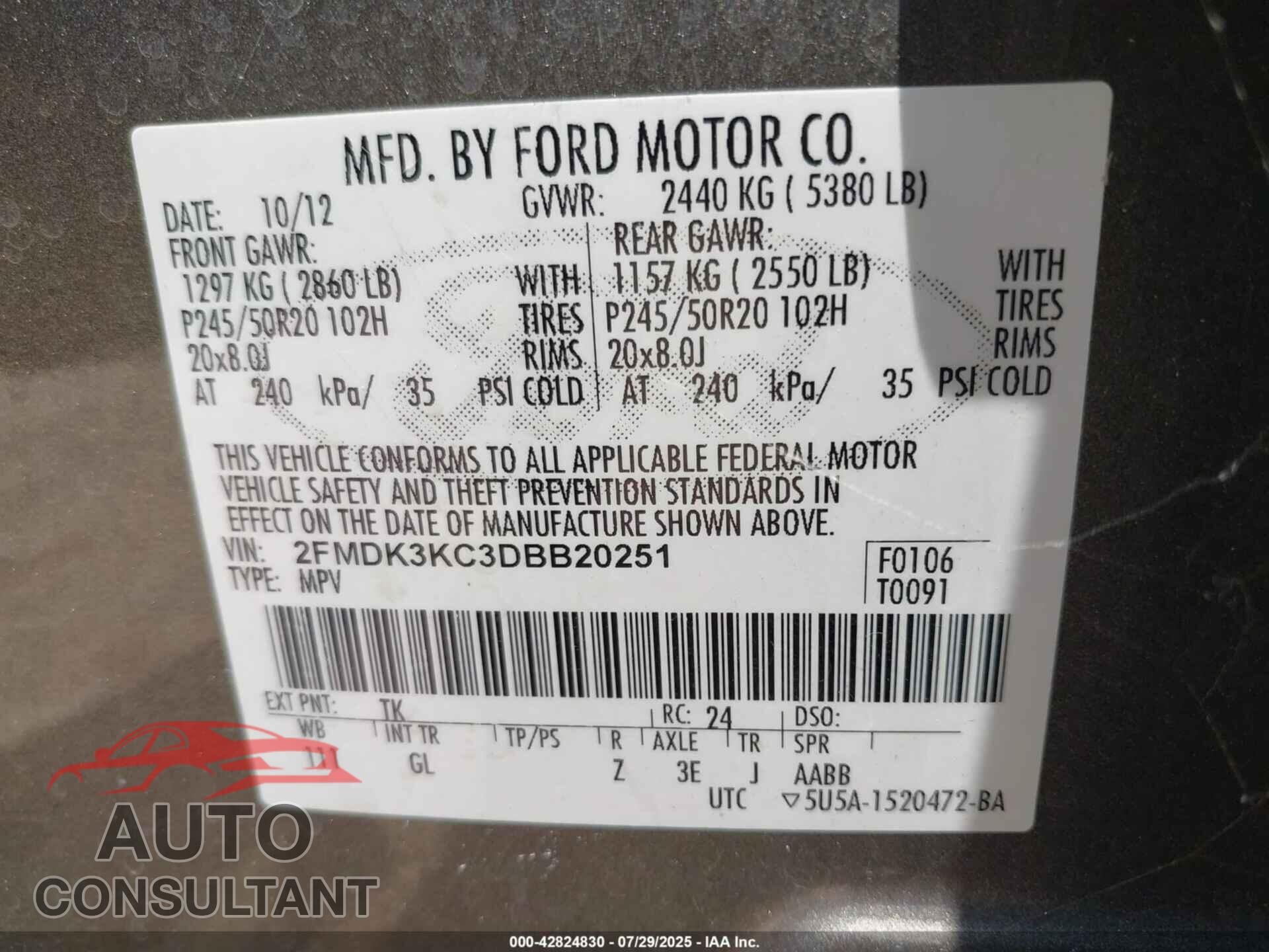 FORD EDGE 2013 - 2FMDK3KC3DBB20251
