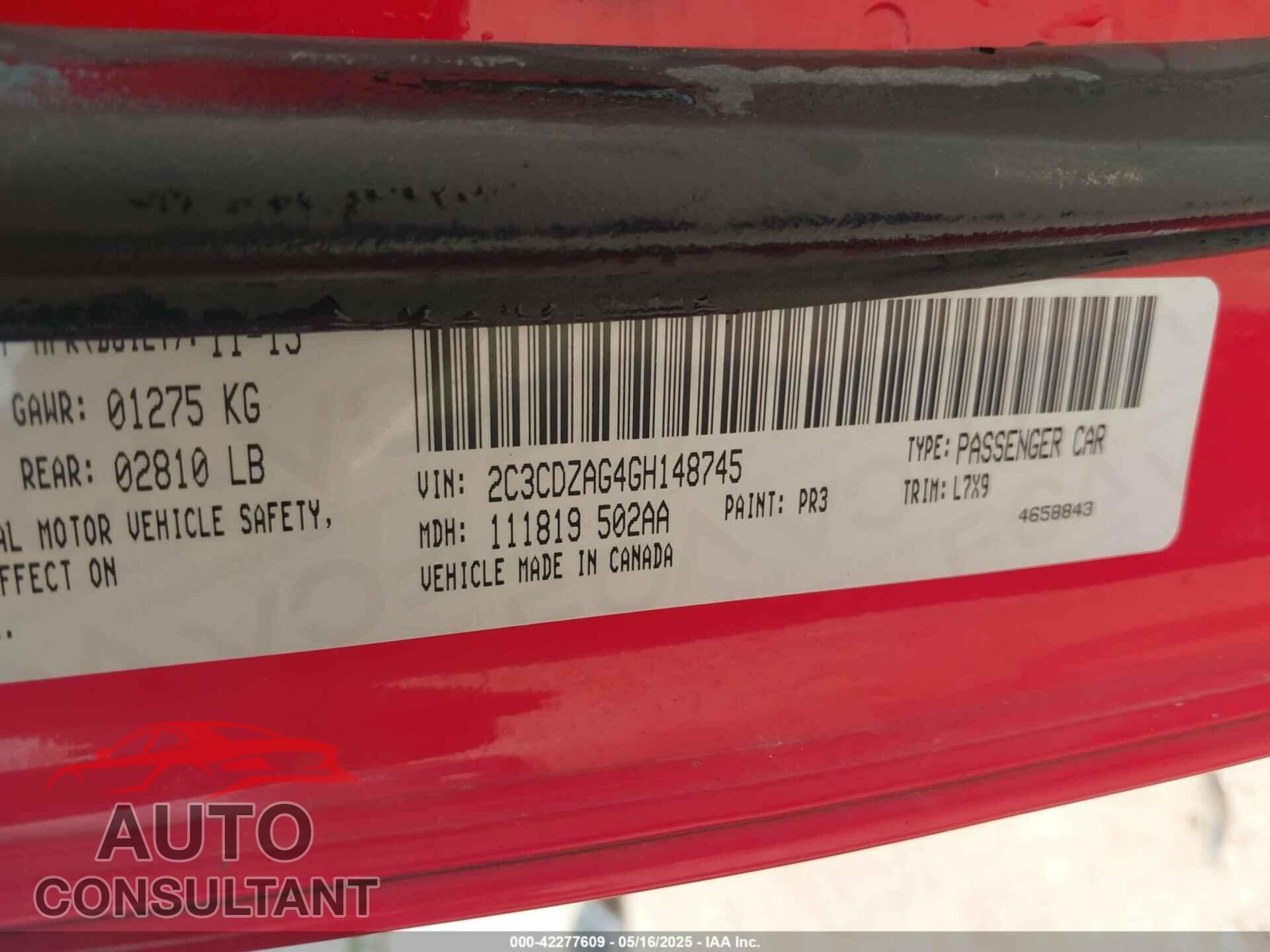 DODGE CHALLENGER 2016 - 2C3CDZAG4GH148745