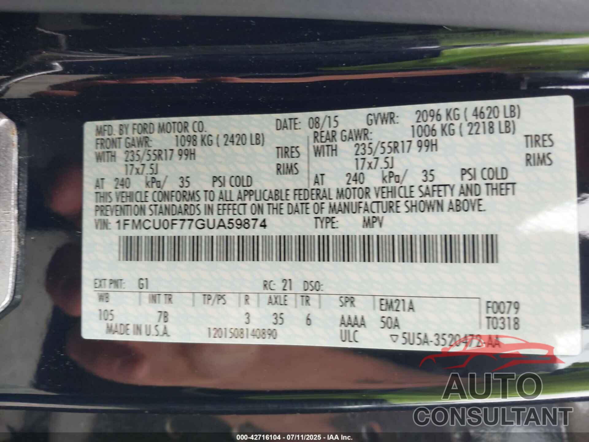 FORD ESCAPE 2016 - 1FMCU0F77GUA59874