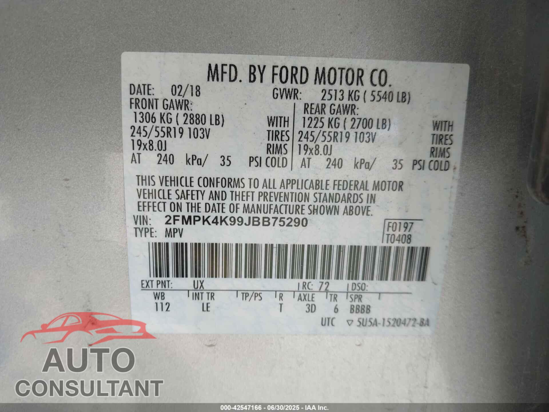 FORD EDGE 2018 - 2FMPK4K99JBB75290
