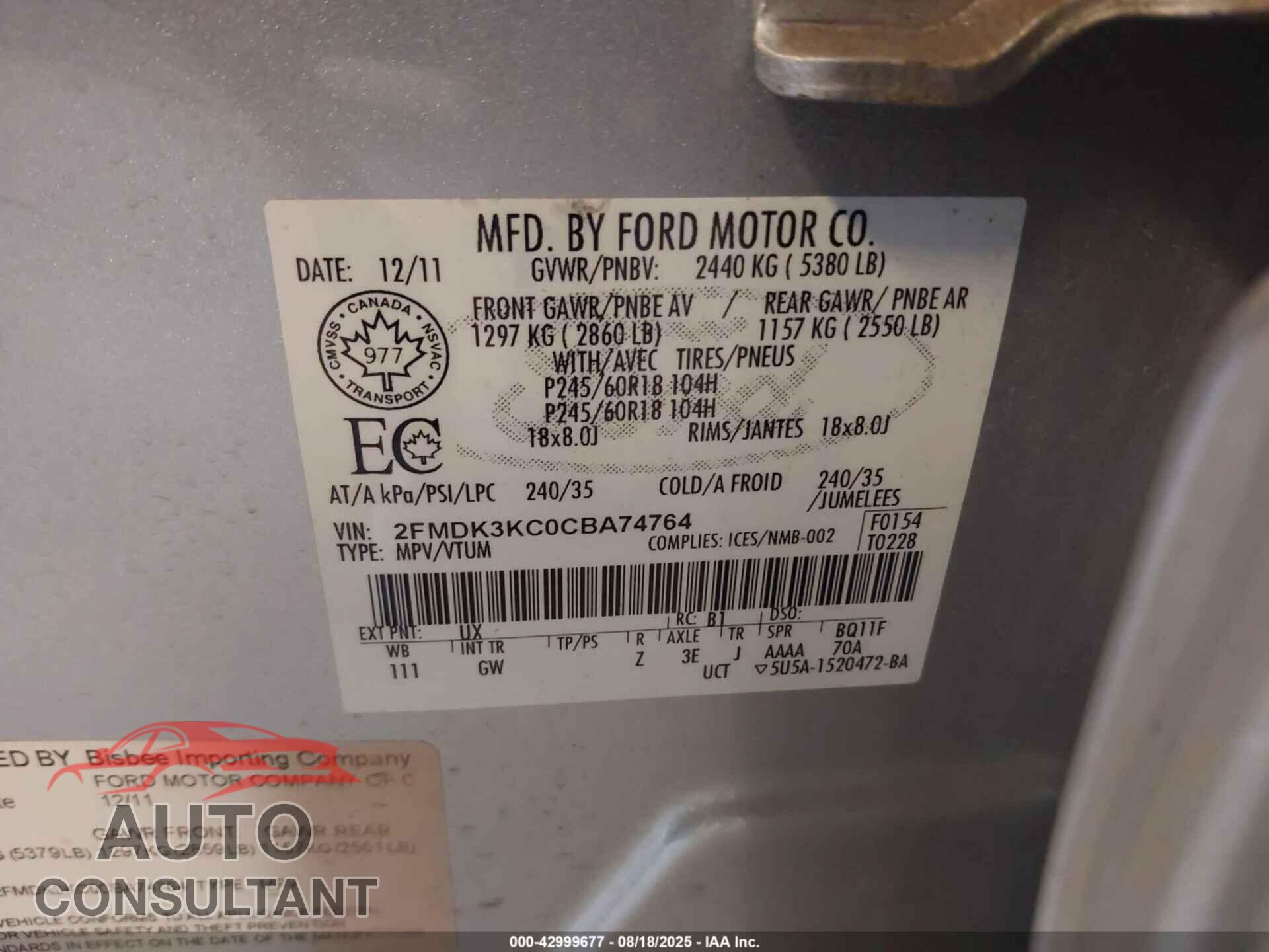 FORD EDGE 2012 - 2FMDK3KC0CBA74764
