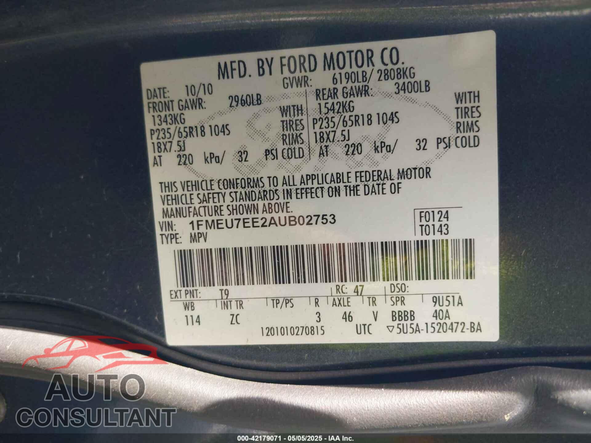 FORD EXPLORER 2010 - 1FMEU7EE2AUB02753