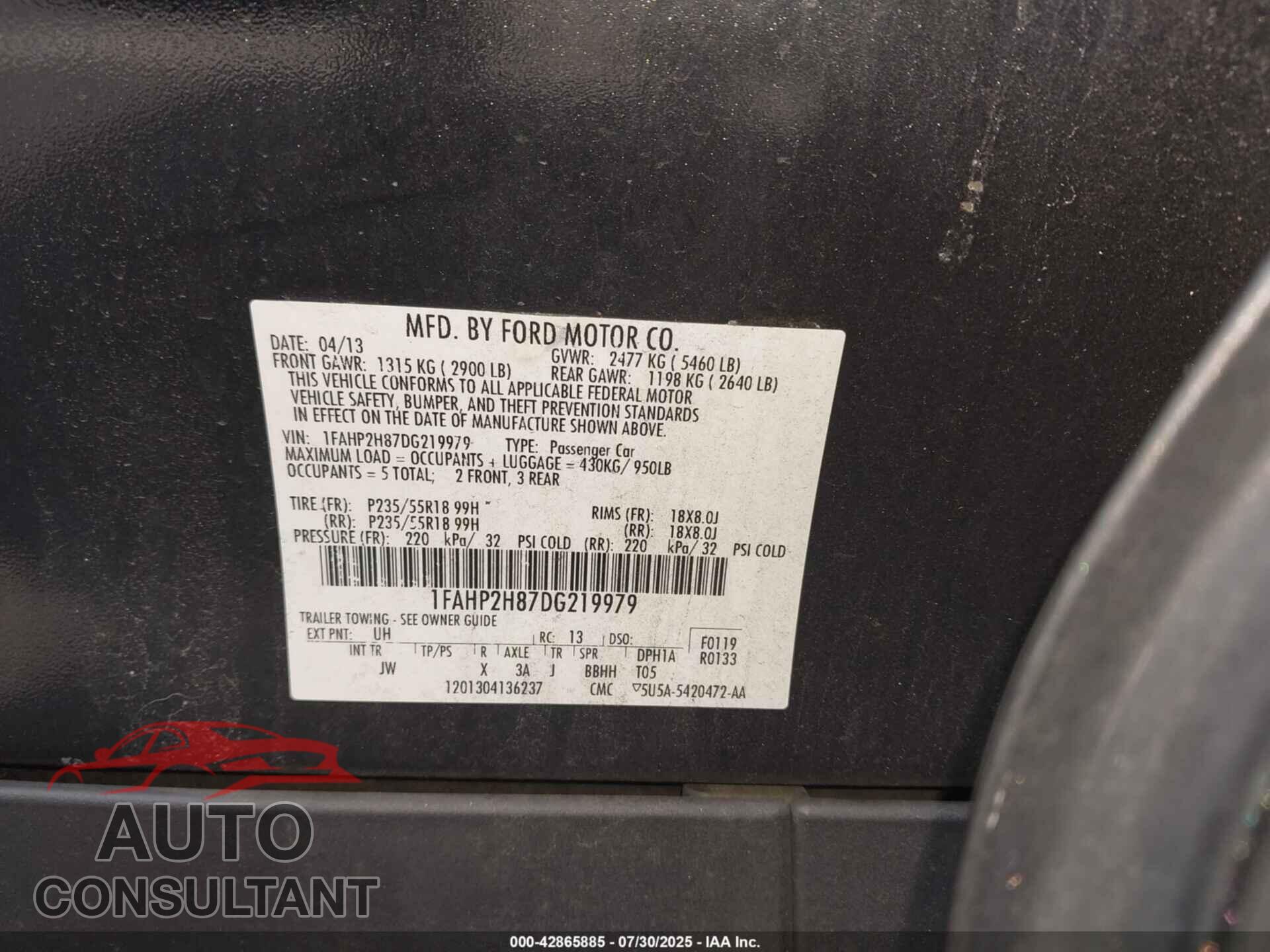 FORD TAURUS 2013 - 1FAHP2H87DG219979