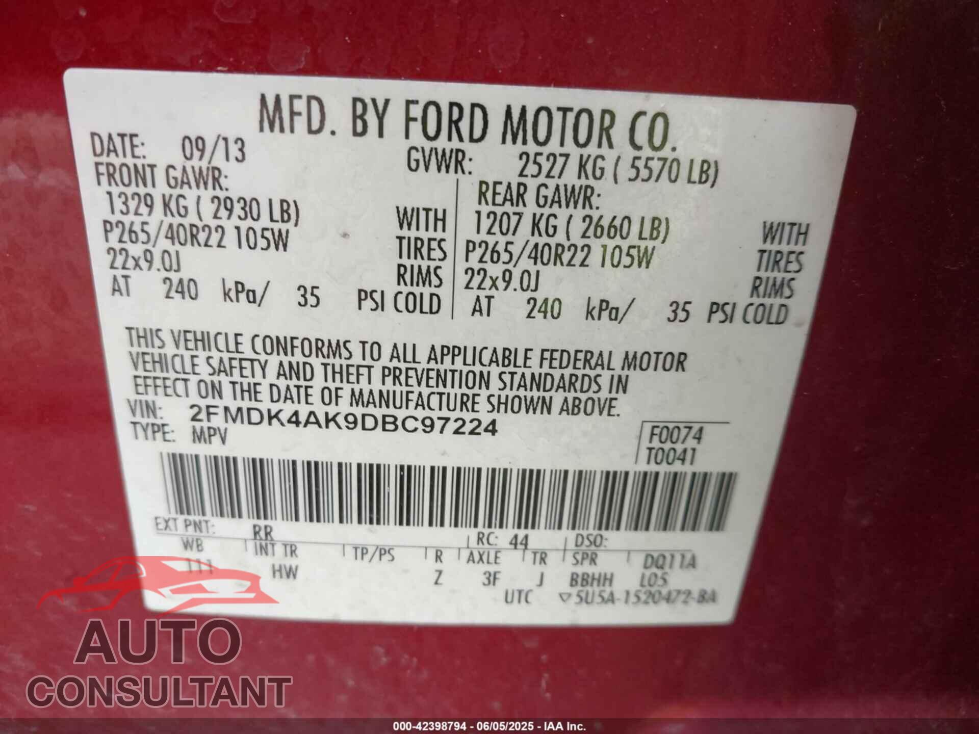 FORD EDGE 2013 - 2FMDK4AK9DBC97224