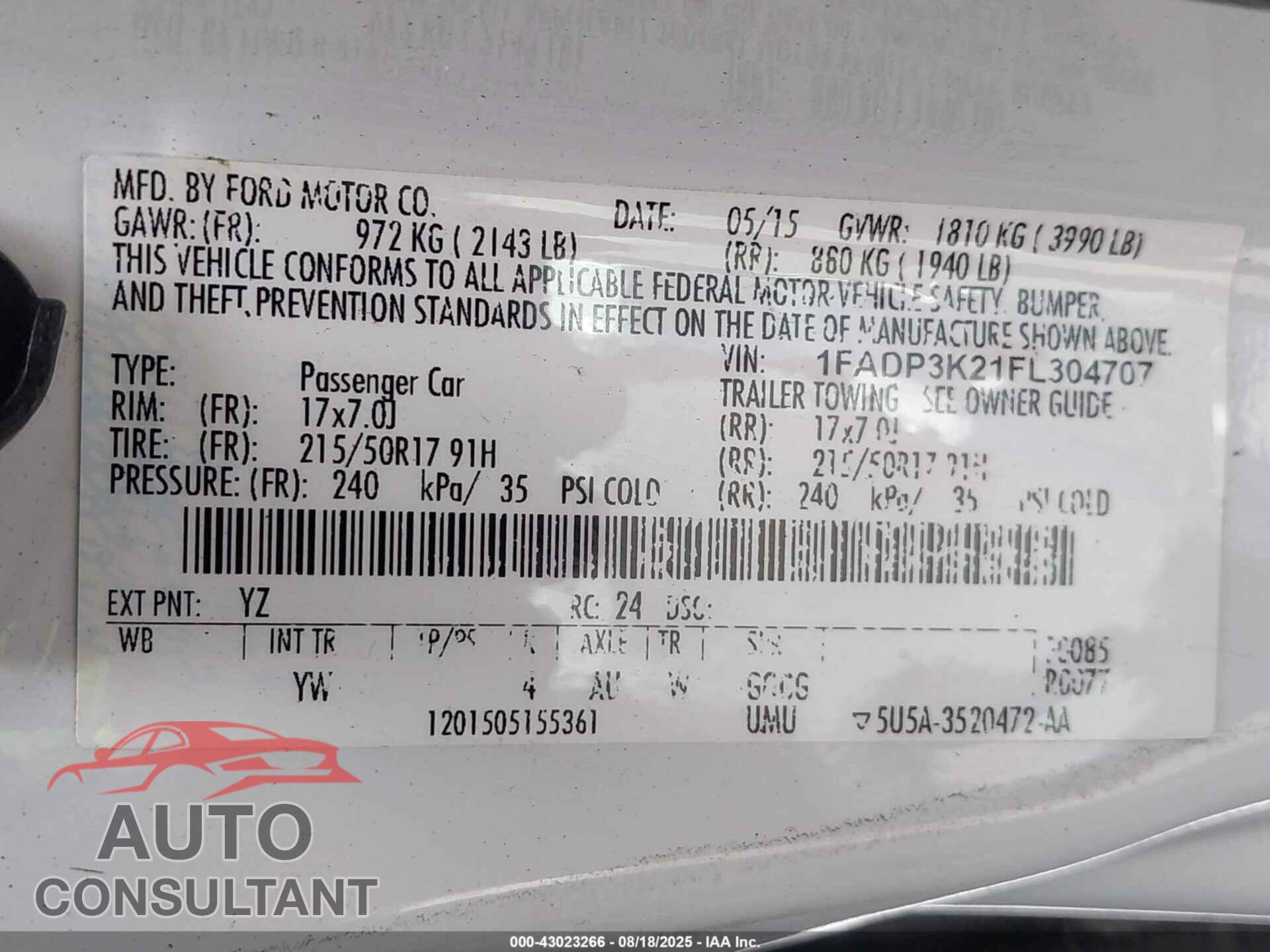 FORD FOCUS 2015 - 1FADP3K21FL304707