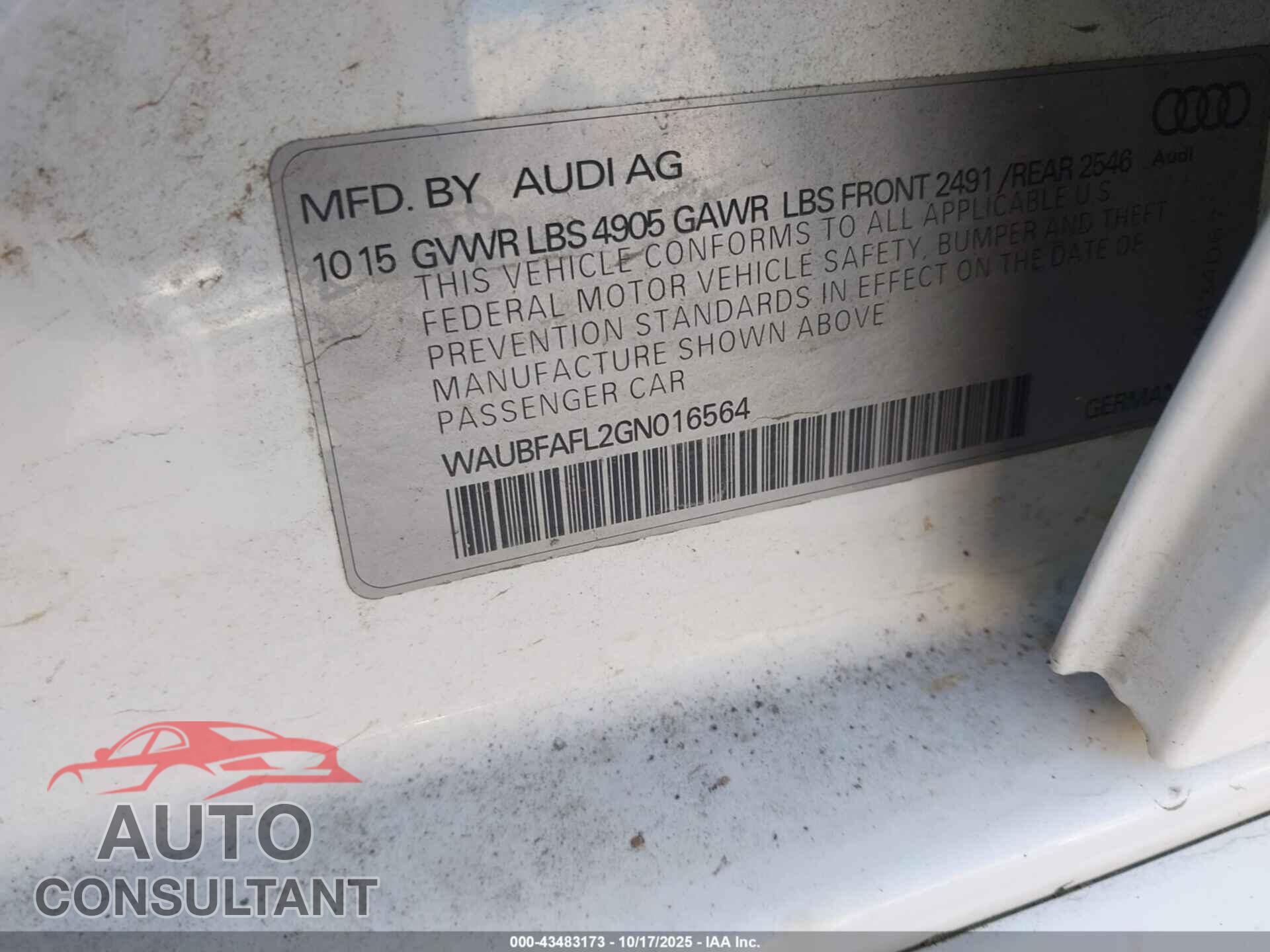 AUDI A4 2016 - WAUBFAFL2GN016564