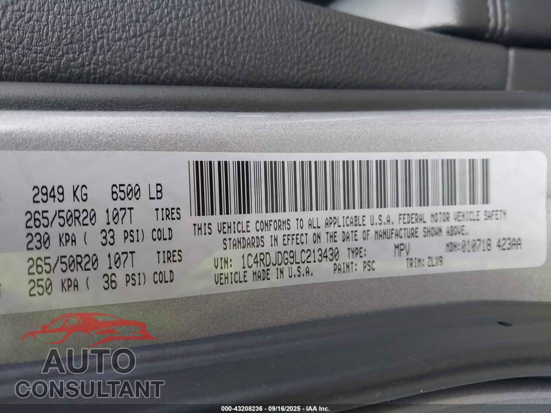 DODGE DURANGO 2020 - 1C4RDJDG9LC213430