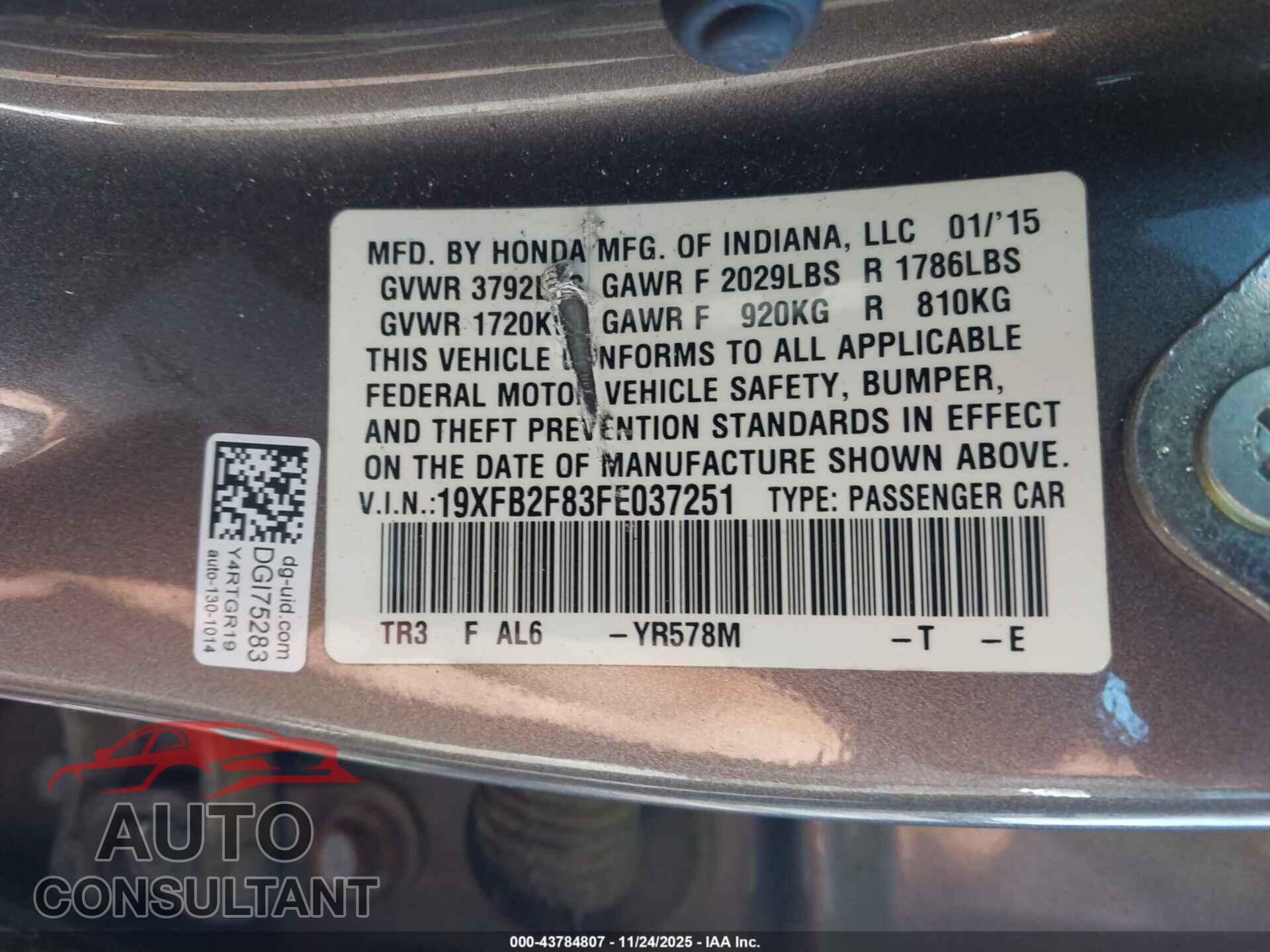 HONDA CIVIC 2015 - 19XFB2F83FE037251