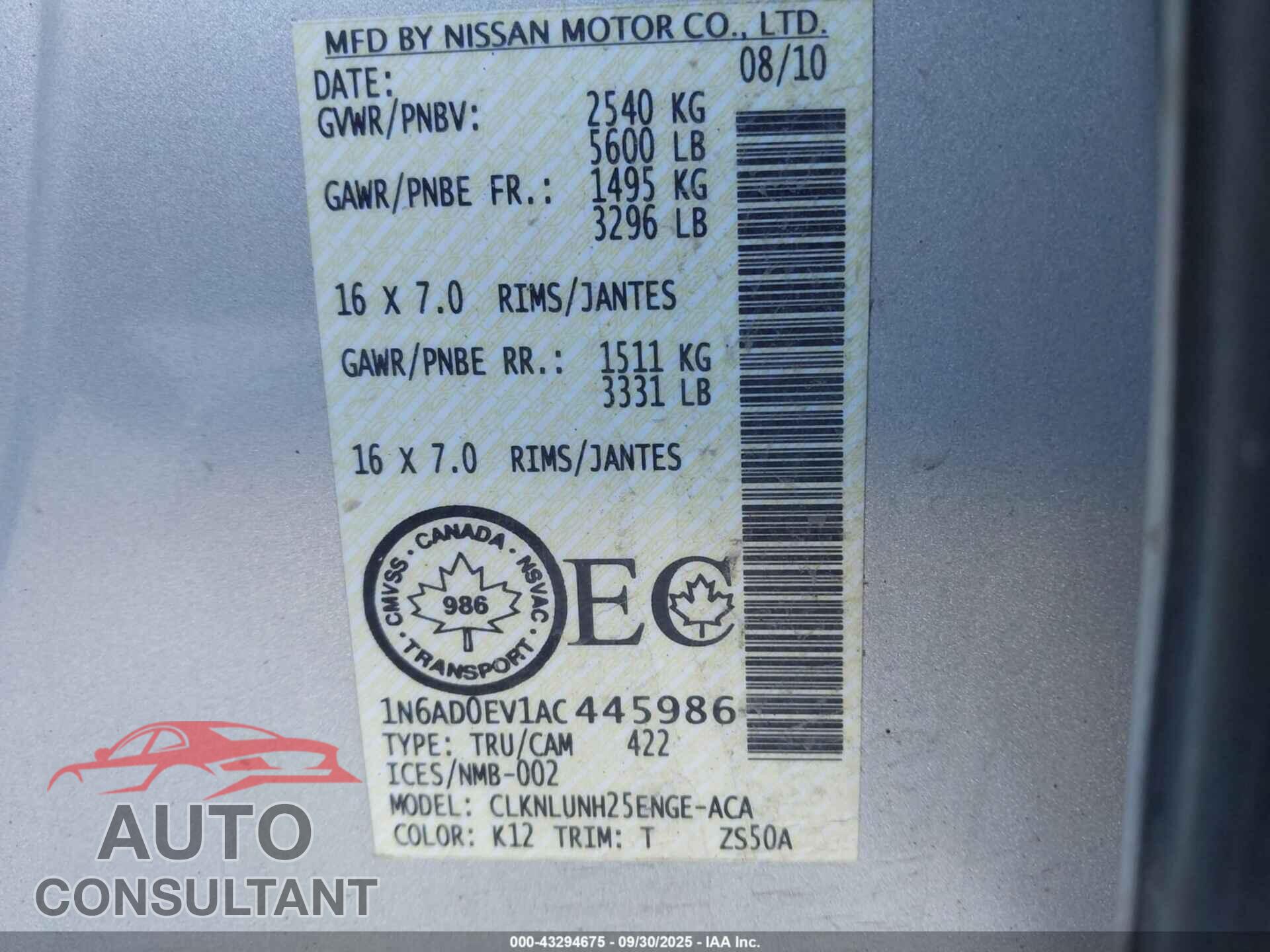 NISSAN FRONTIER 2010 - 1N6AD0EV1AC445986