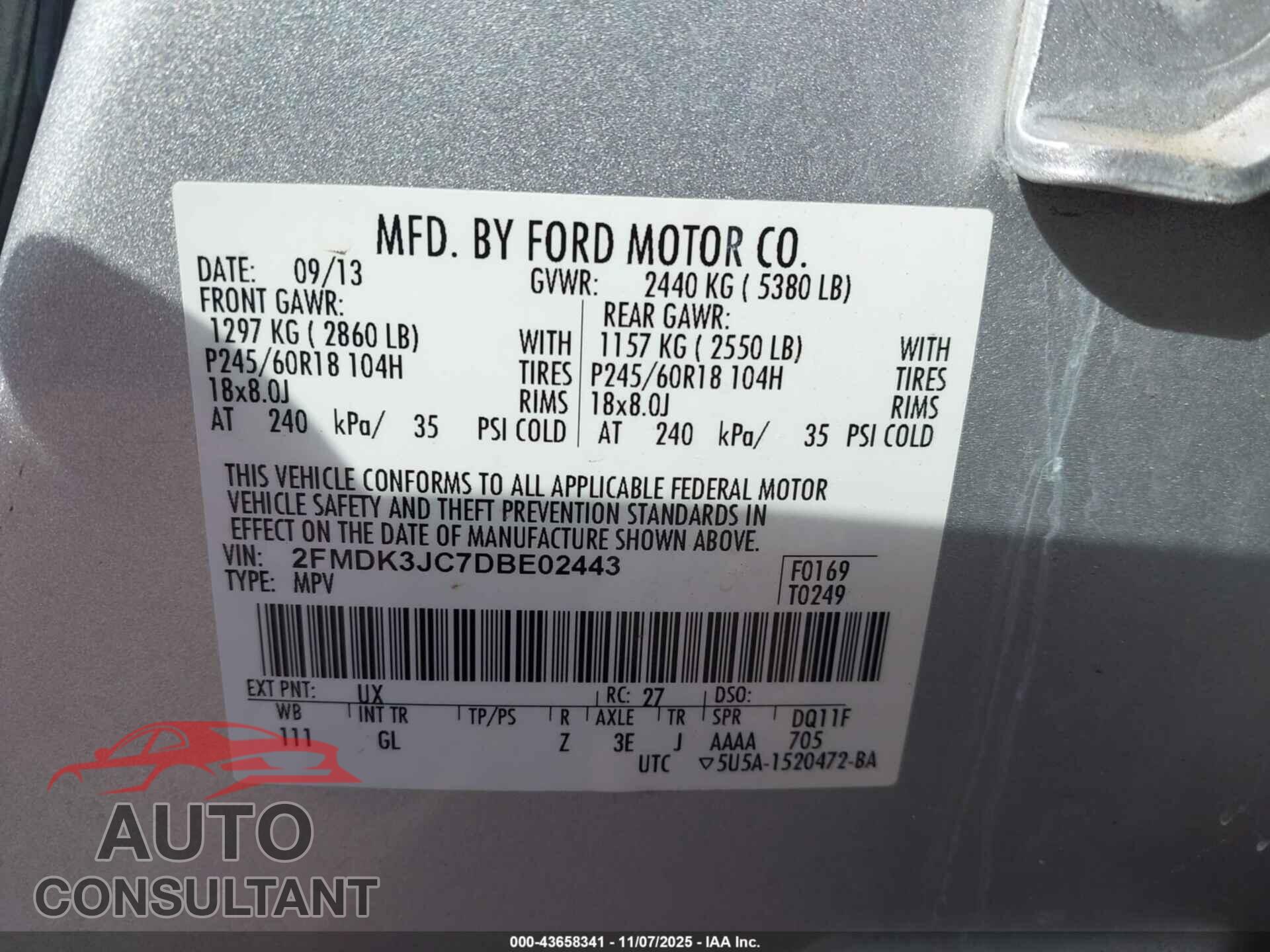 FORD EDGE 2013 - 2FMDK3JC7DBE02443