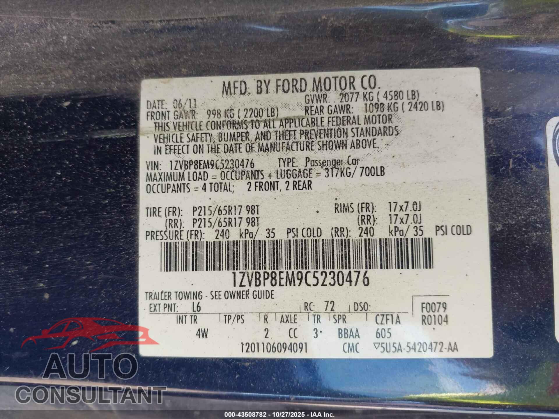 FORD MUSTANG 2012 - 1ZVBP8EM9C5230476