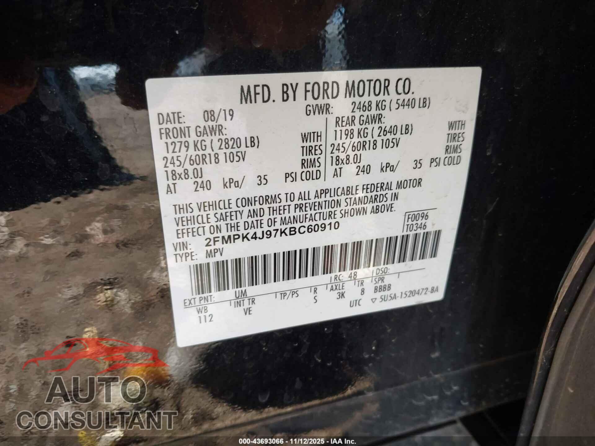 FORD EDGE 2019 - 2FMPK4J97KBC60910