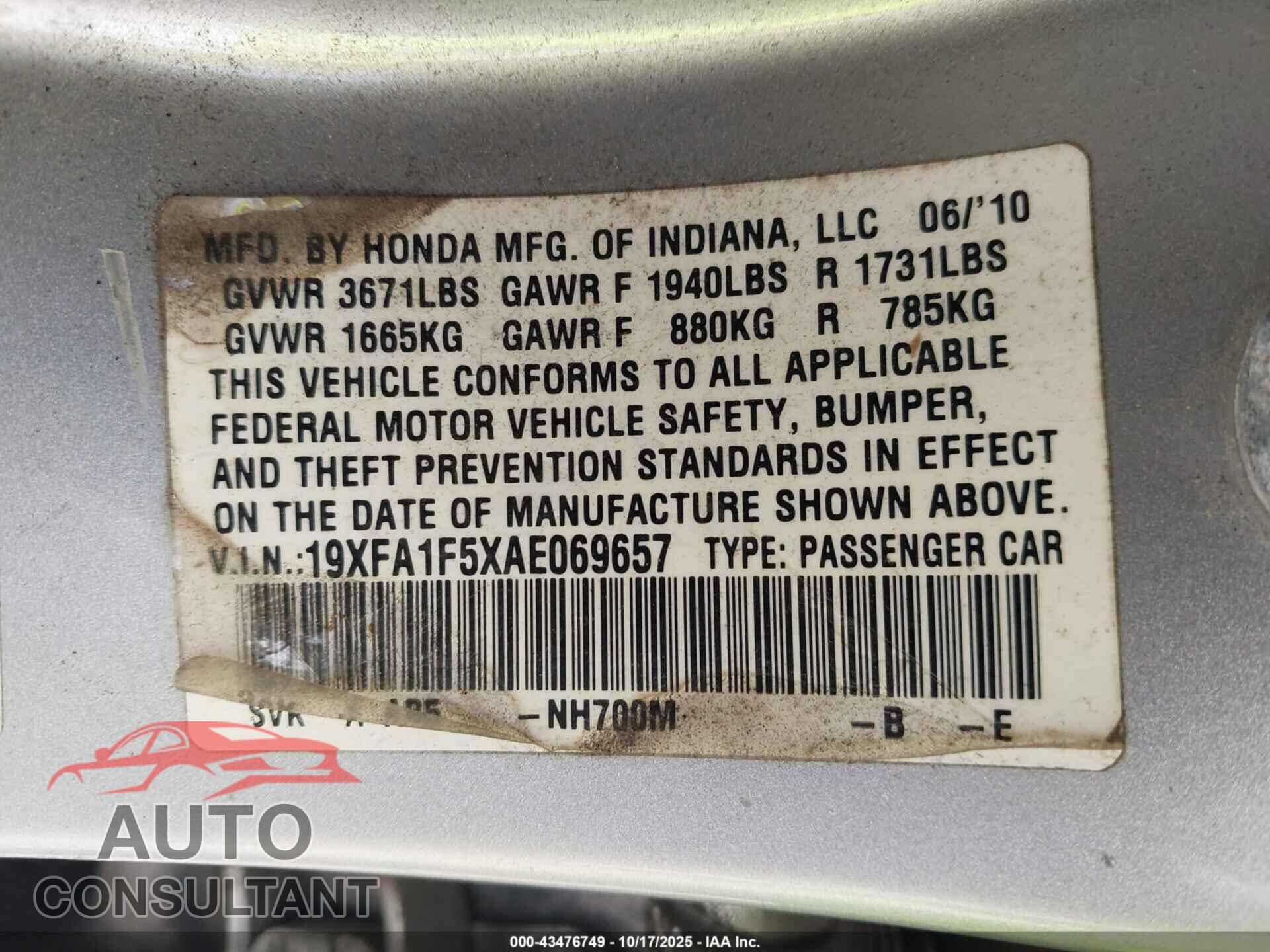 HONDA CIVIC 2010 - 19XFA1F5XAE069657