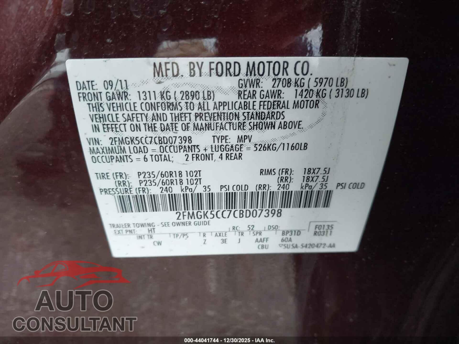 FORD FLEX 2012 - 2FMGK5CC7CBD07398