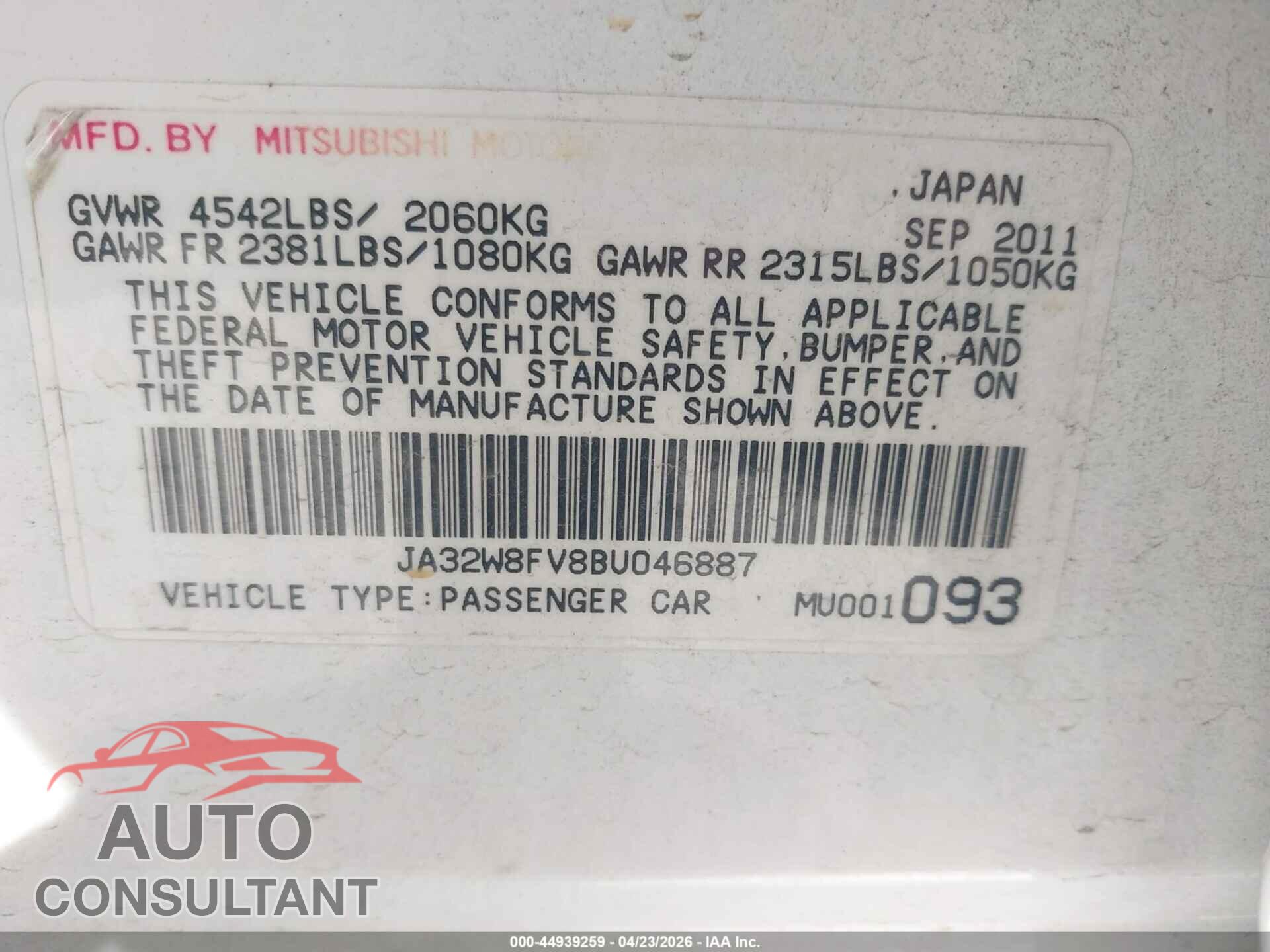 MITSUBISHI LANCER EVOLUTION 2011 - JA32W8FV8BU046887