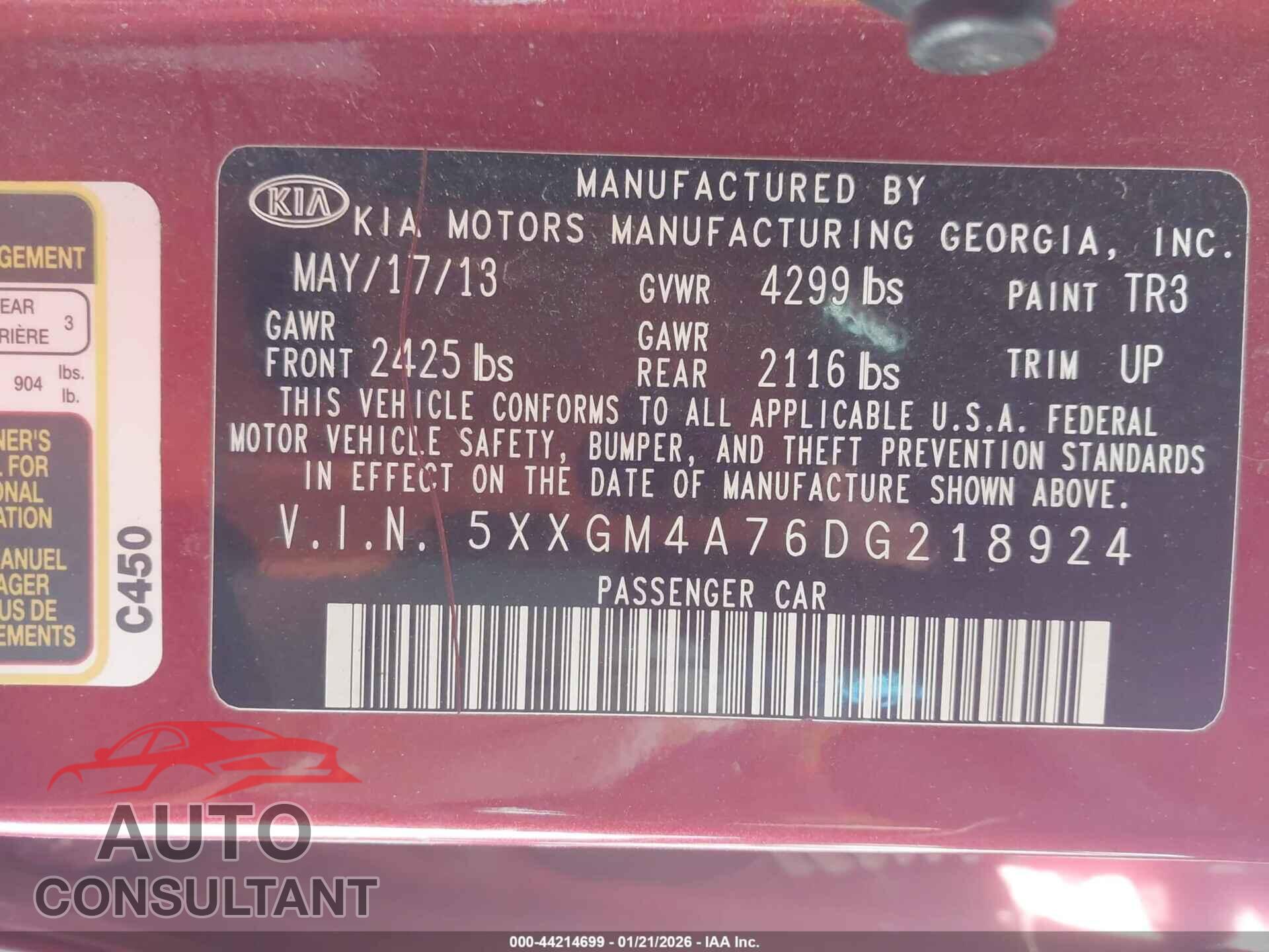KIA OPTIMA 2013 - 5XXGM4A76DG218924